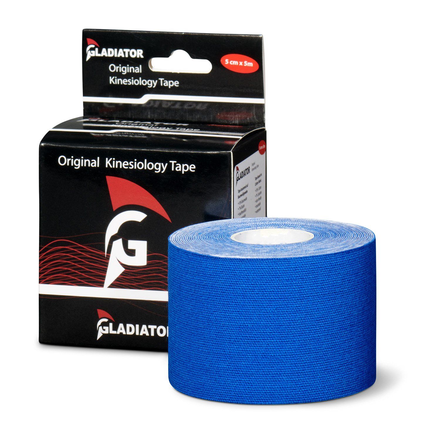 Gladiator Sports Heuschnupfen Kinesiotape Dunkelblau Rolle mit Verpackung im Hintergrund