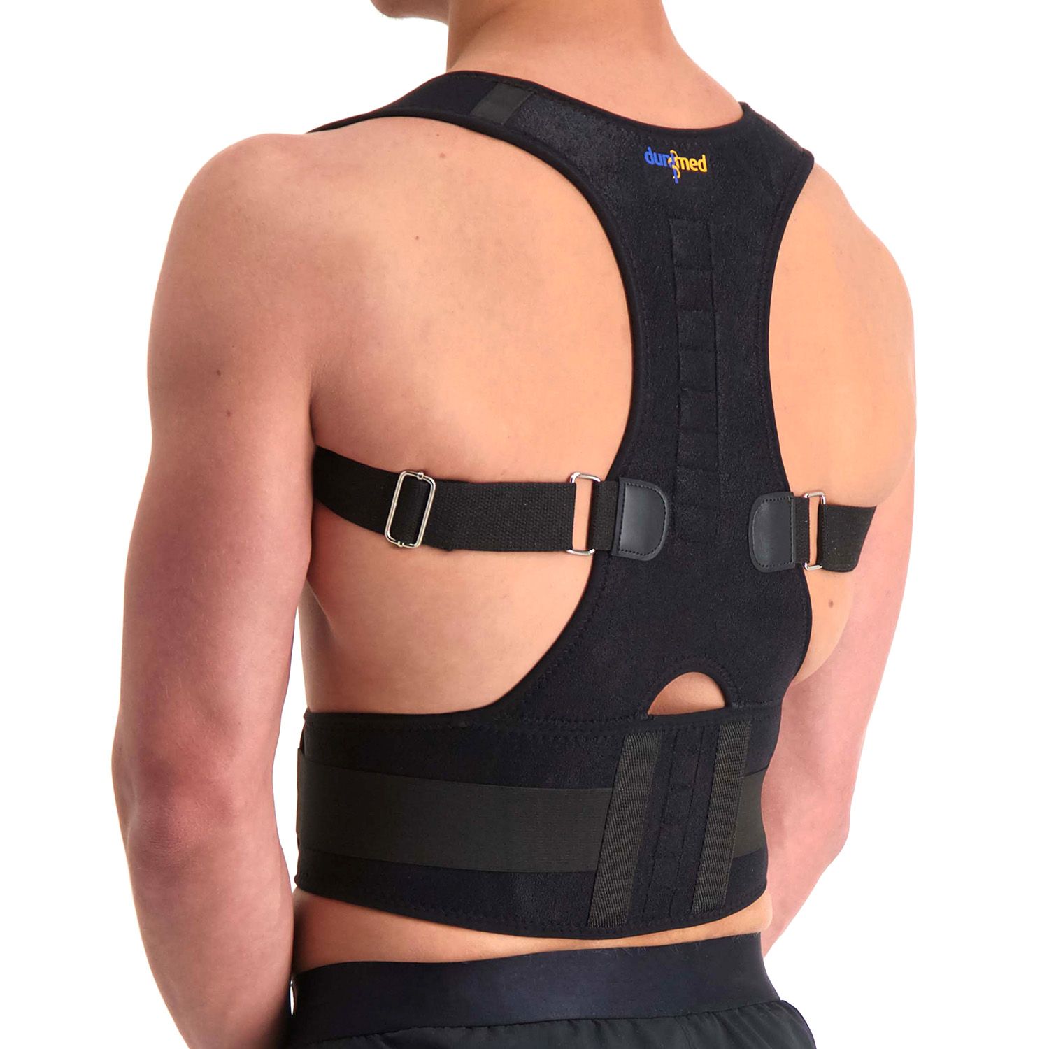Oblique view of male model wearing the Dunimed Premium Posture Corrector
