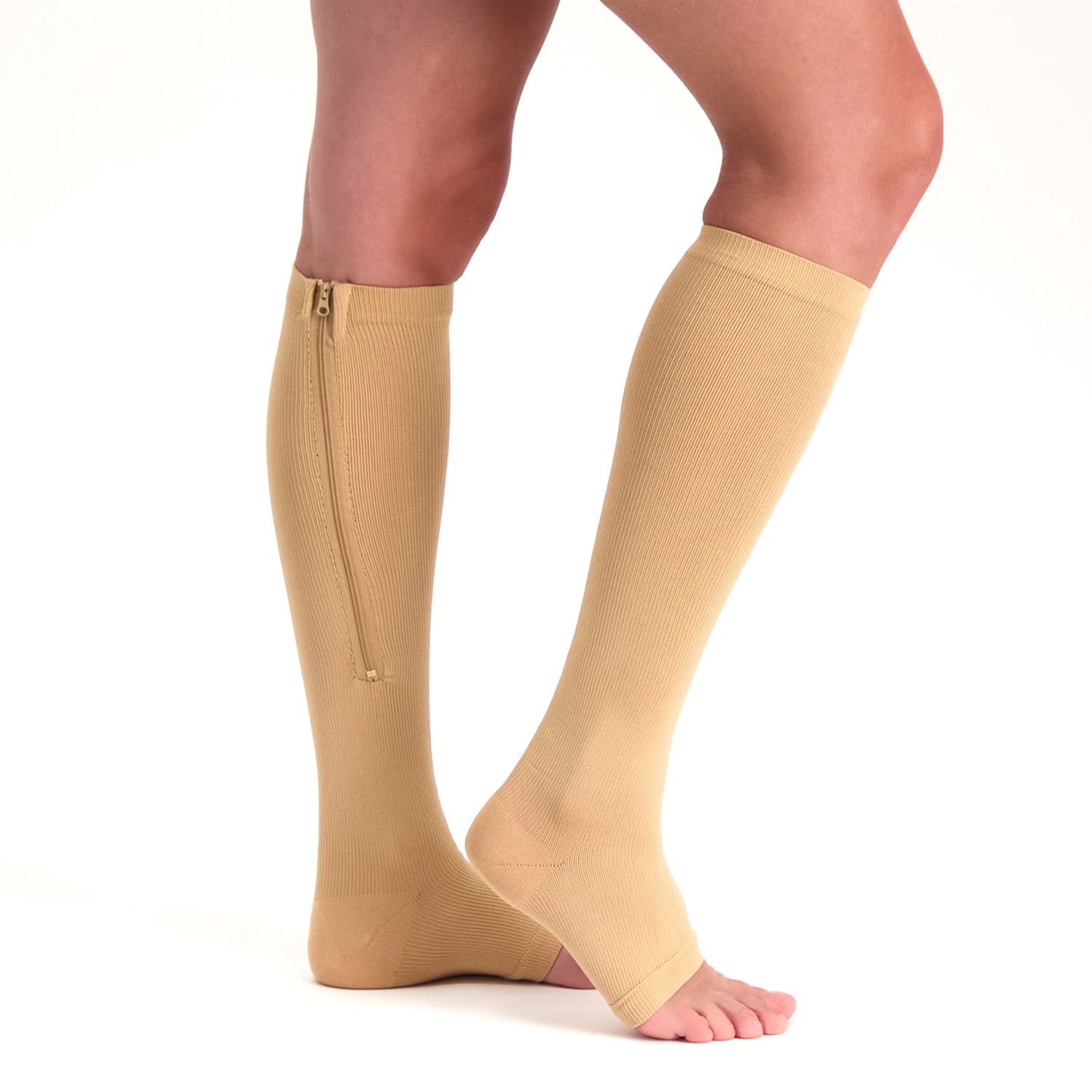 Side view of model wearing the Support Stockings with Zipper - Open Toe - Black on both legs