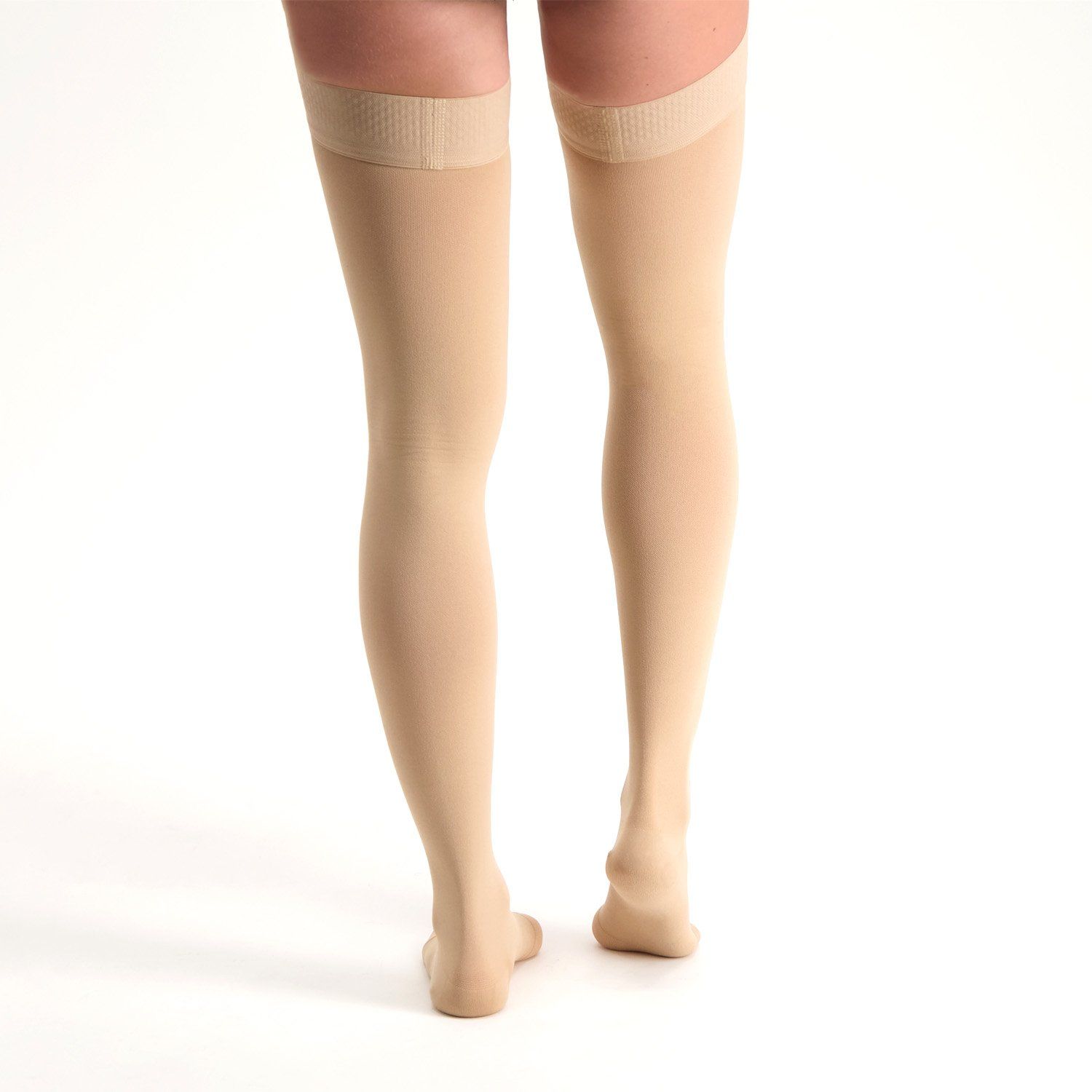 Back view of the Dunimed Premium Comfort Compression Stockings Groin Length - Open Toe worn by female model