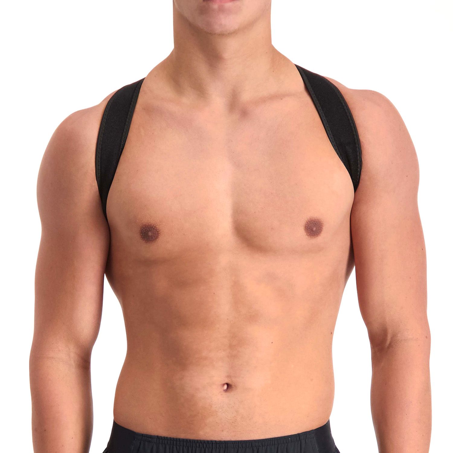 Front view of model wearing the Dunimed Ventilating Posture Corrector in Black
