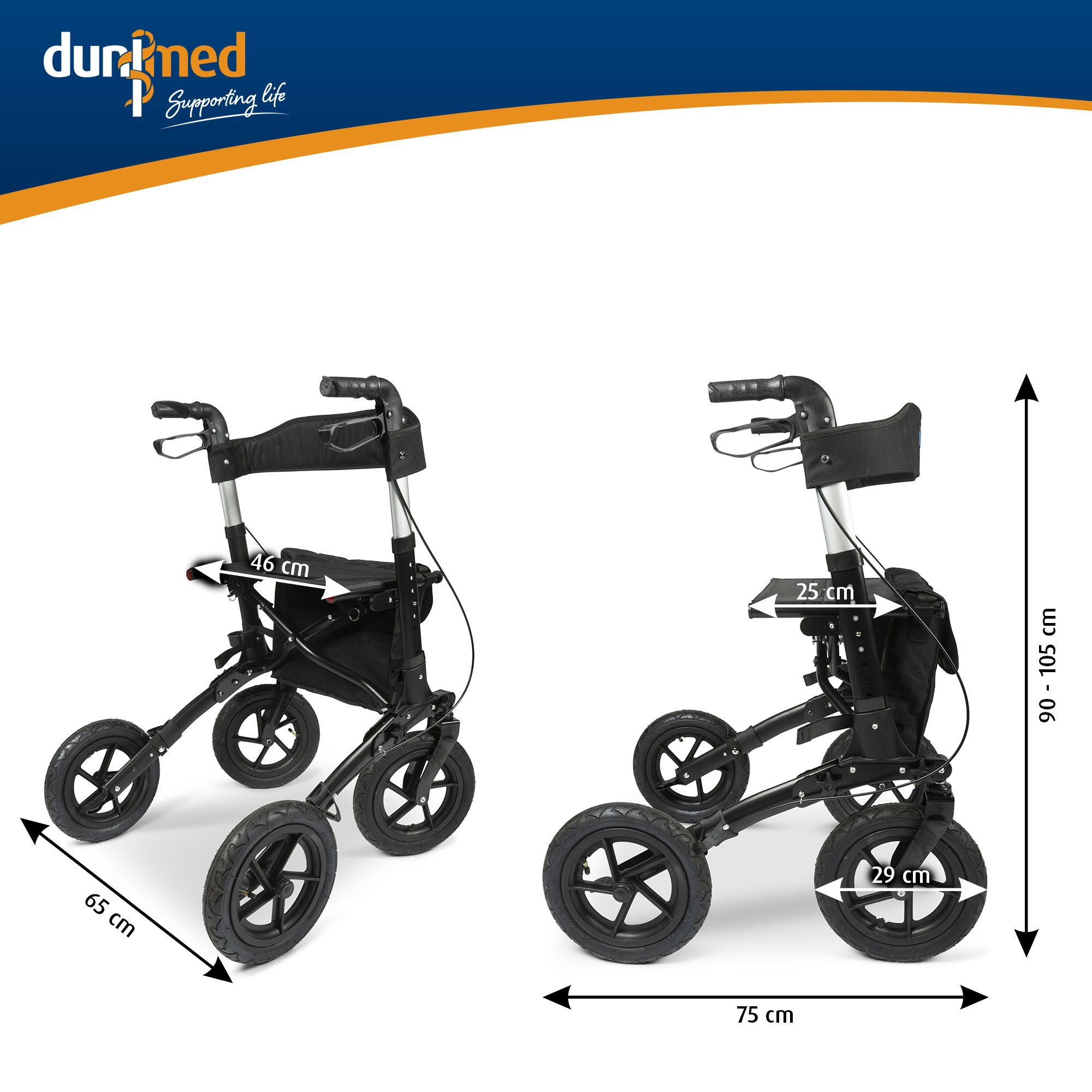 Dunimed Outdoor Rollator mit großen Luftreifen Abmessungen