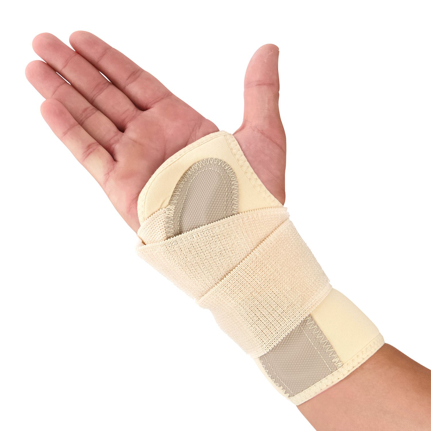 Inside view of model wearing the Novamed Lightweight Wrist Support in Beige around the right wrist
