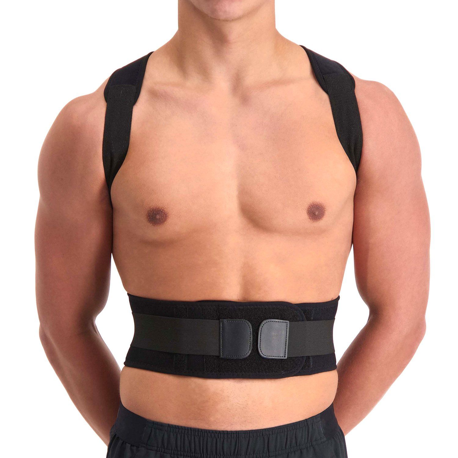 Front side view of male model wearing the Dunimed Premium Posture Corrector with his arms behind his back