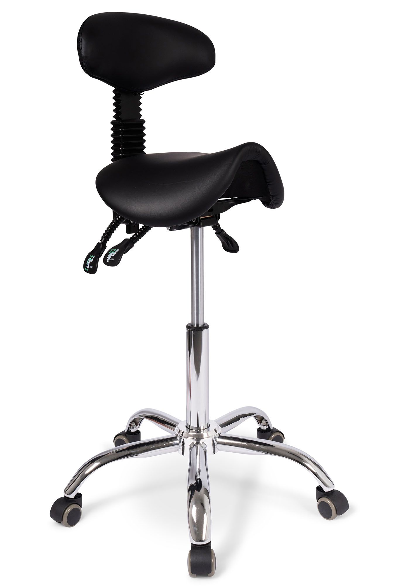 Front side view of the Dunimed - Ergonomic Saddle Stool with Backrest (High version)
