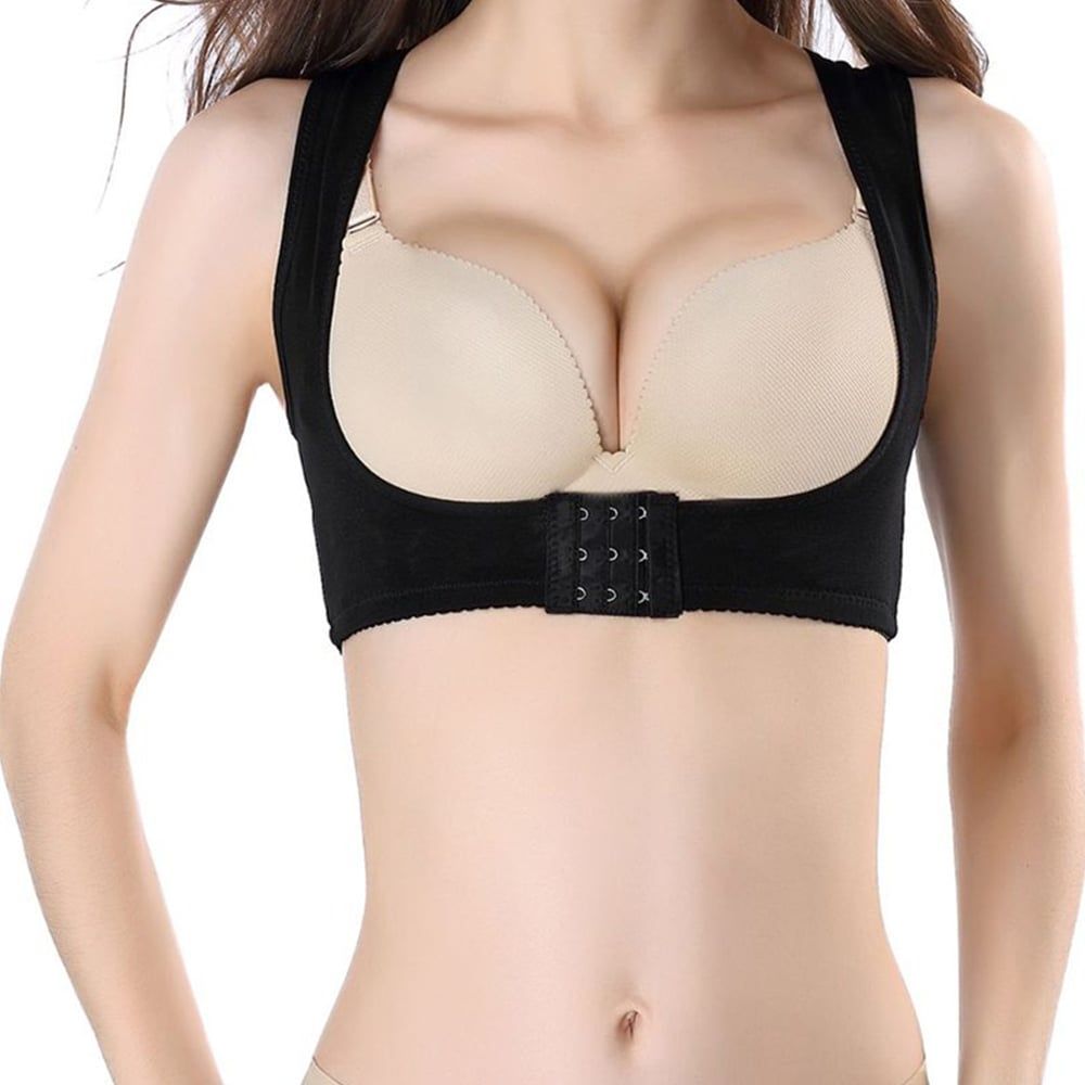Front view of the Dunimed Posture Corrector / Back Straightener - Women's in Black being worn by model