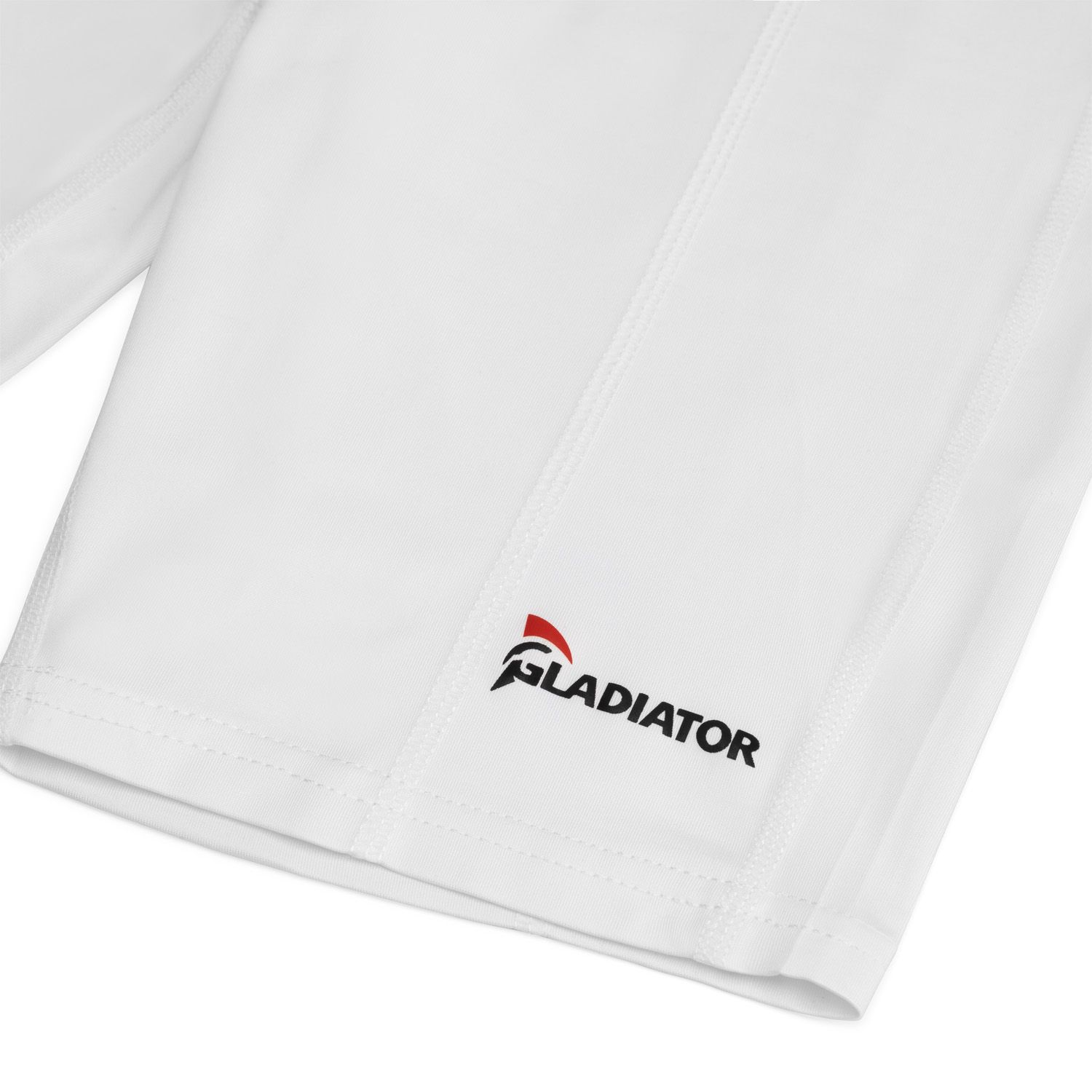 Leg opening and logo of the Gladiator Sports Women's Compression Shorts in White