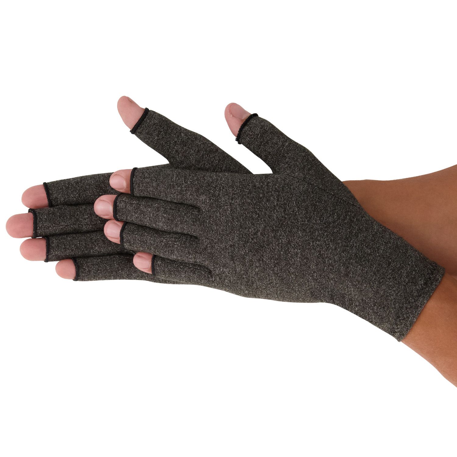 Model wearing the Dunimed Osteoarthritis / Rheumatoid Arthritis Gloves in Grey while rubbing the hands