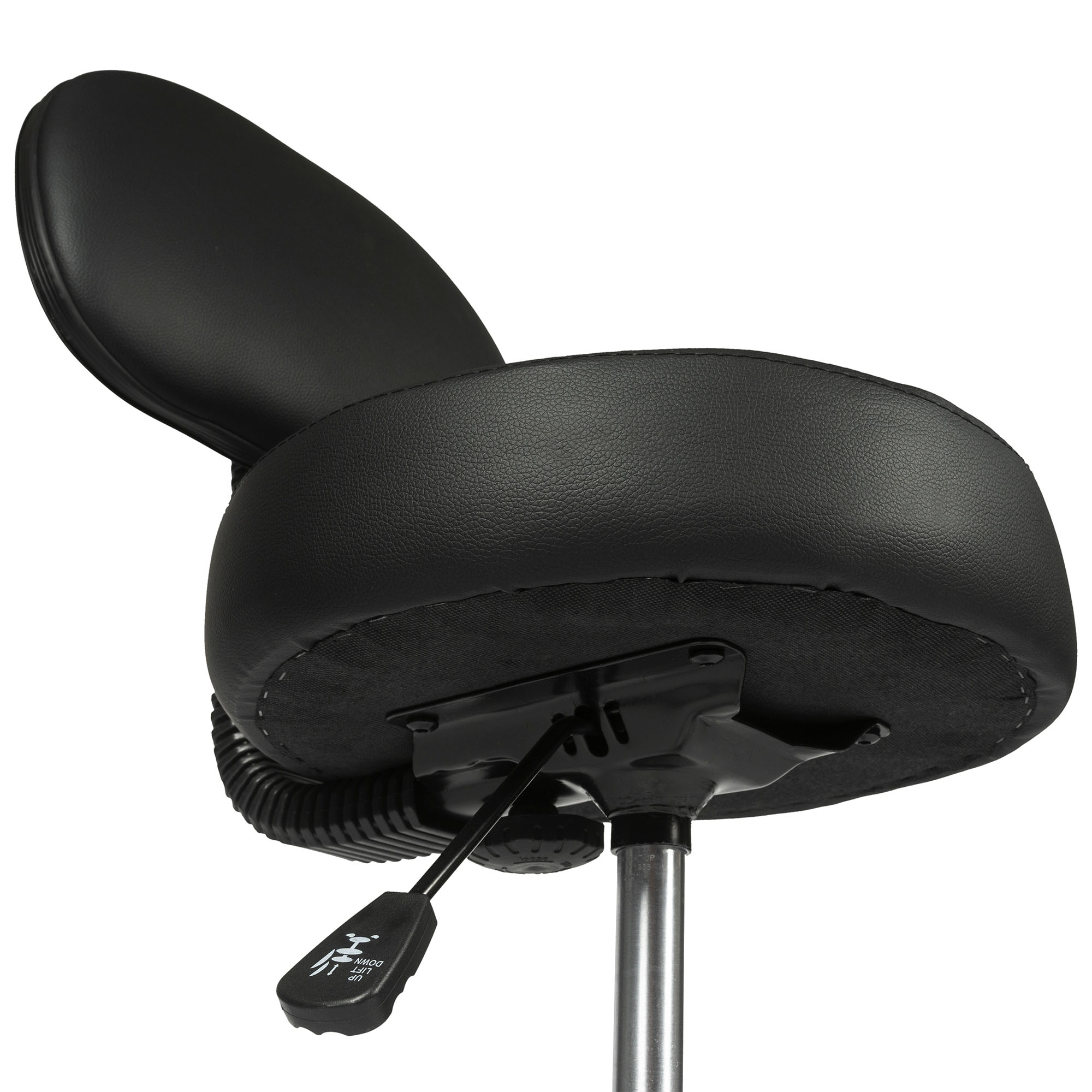 Bottom of the seat and adjustment handle of the Dunimed Work Stool with Wheels and Backrest