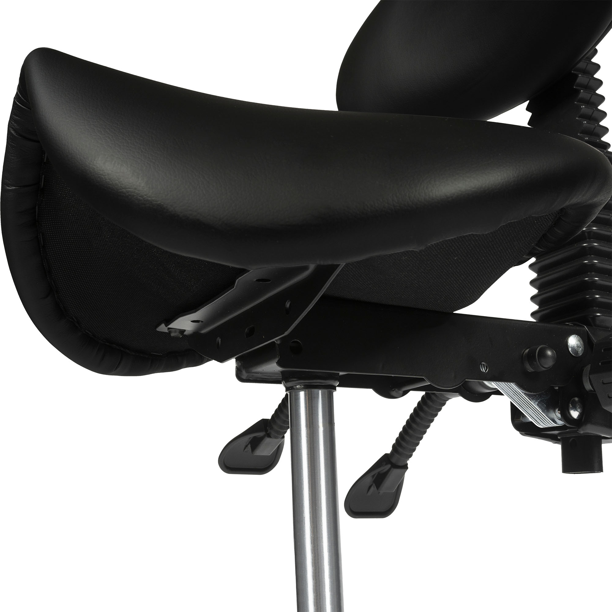 Bottom of the saddle showing the frame and handles of the Dunimed - Ergonomic Saddle Stool with Backrest - Black