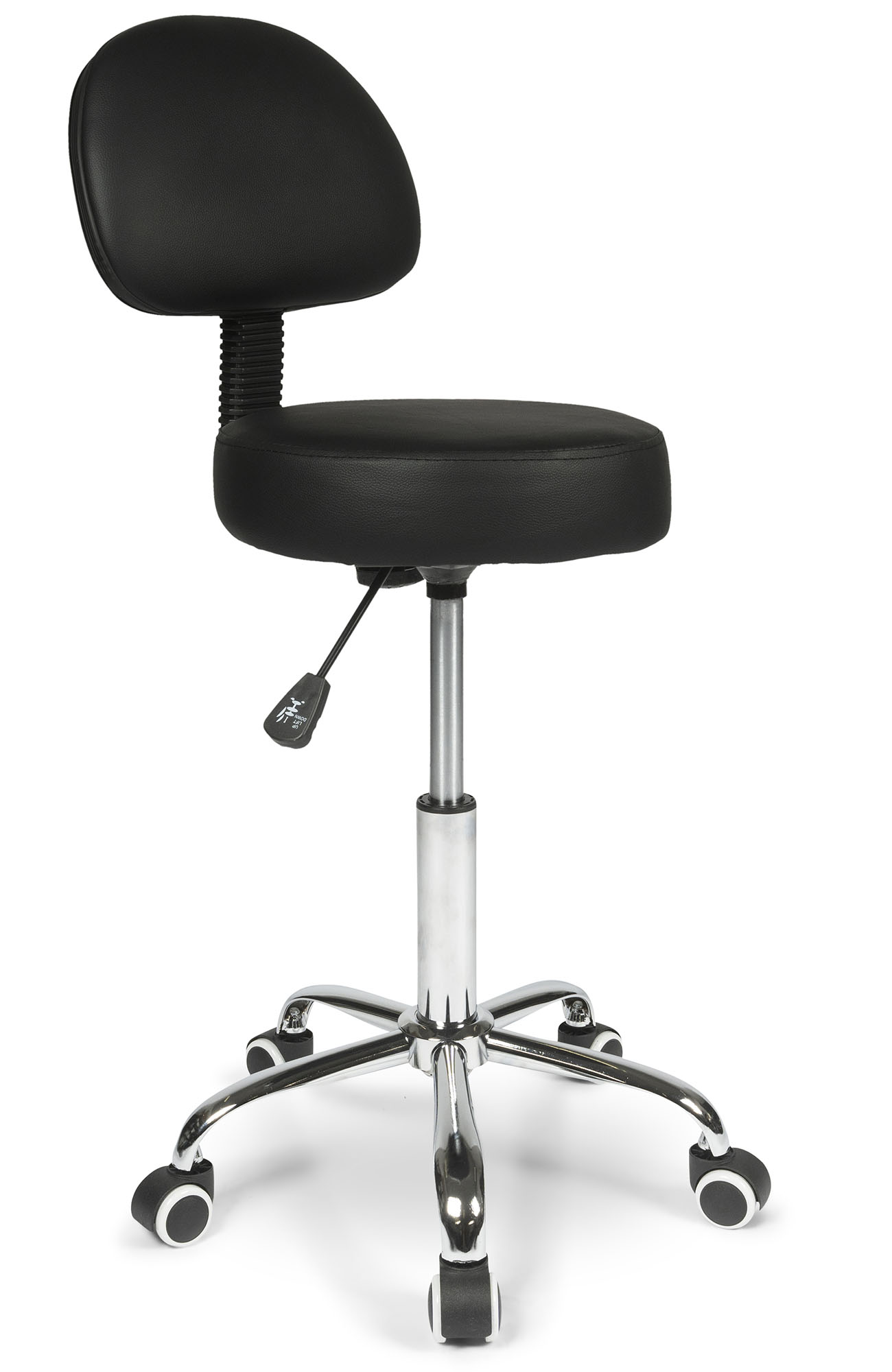 Oblique view of the Dunimed Work Stool with Wheels and Backrest