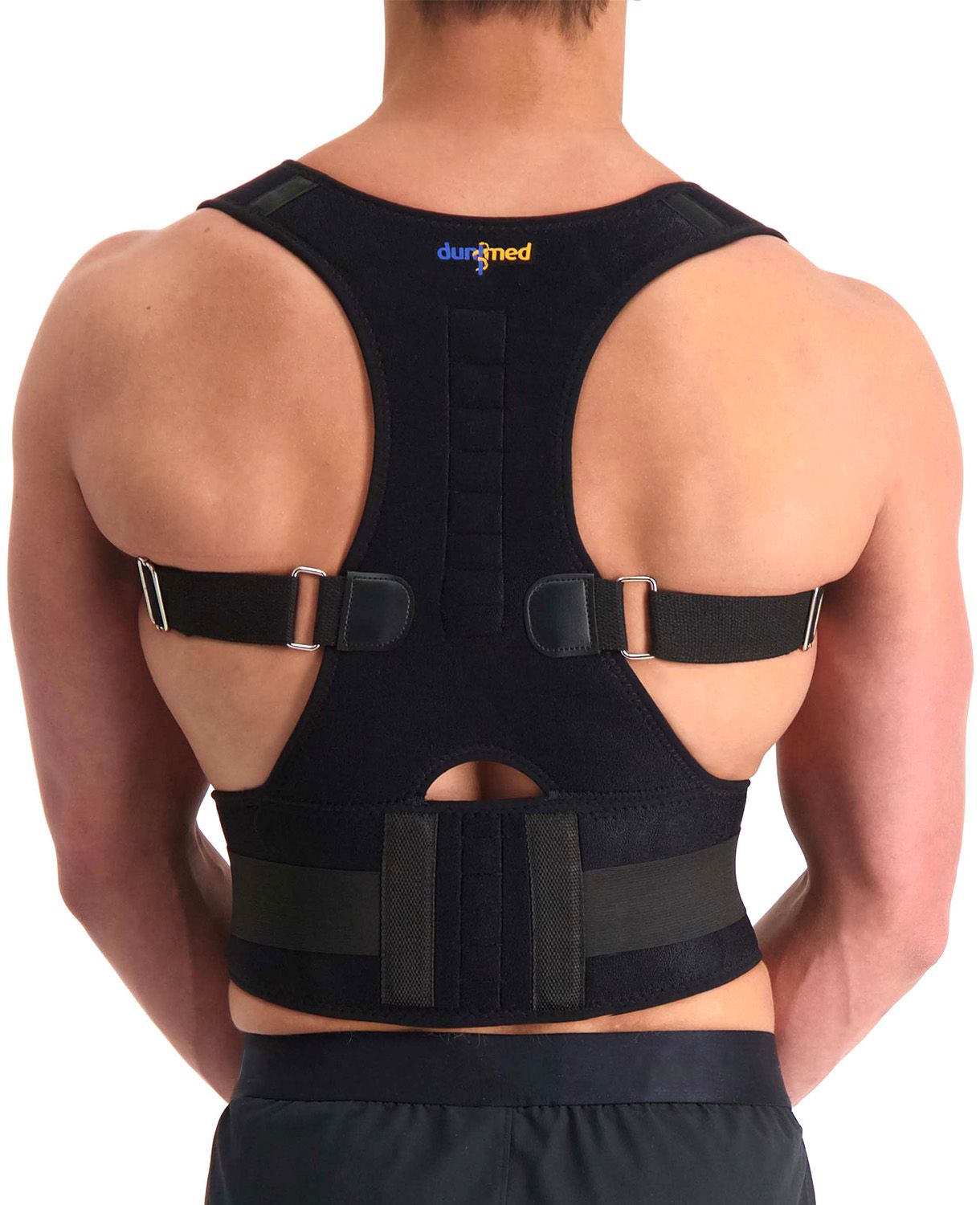 Back side view of male model wearing the Dunimed Premium Posture Corrector