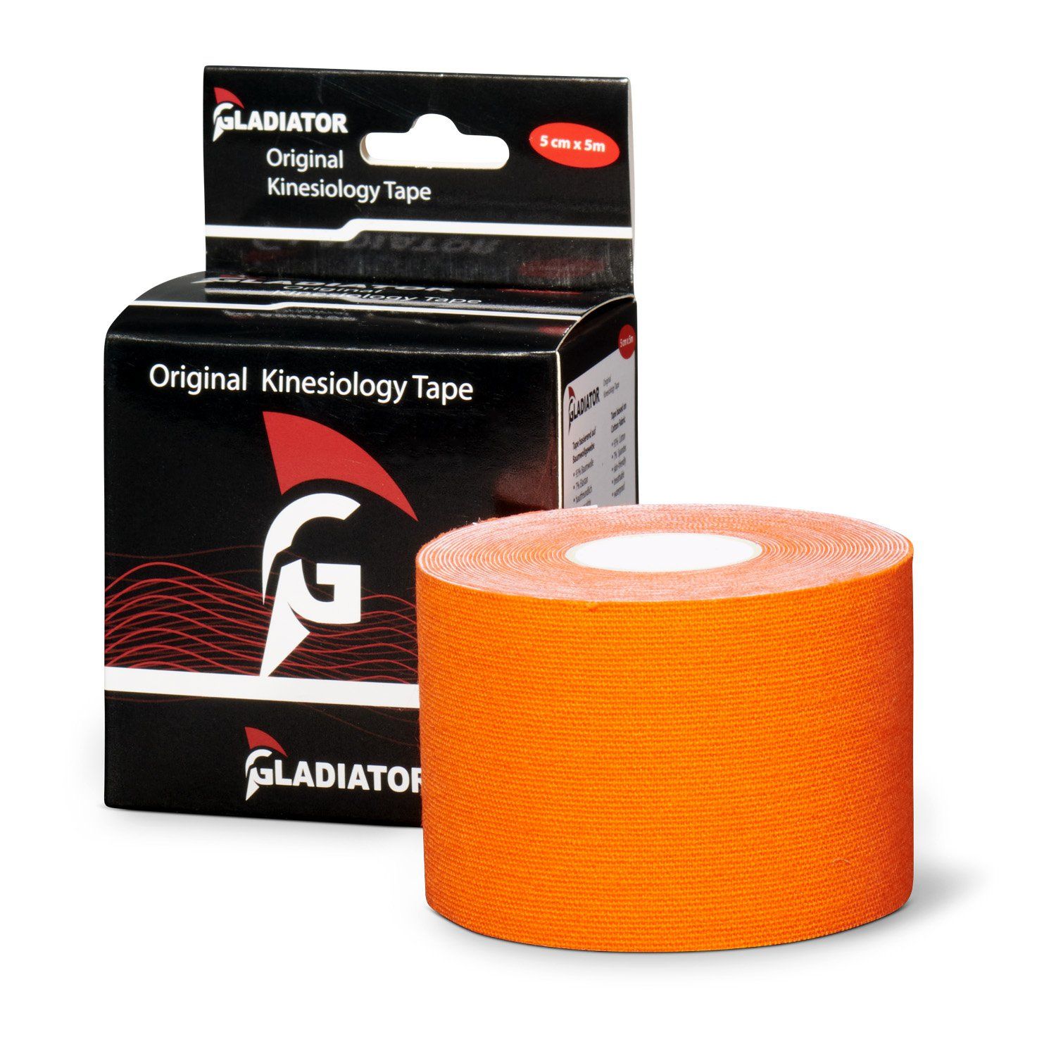 Gladiator Sports Heuschnupfen Kinesiotape Orange Rolle mit Verpackung im Hintergrund