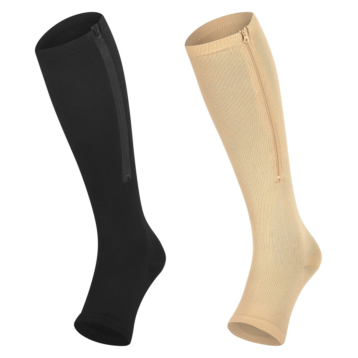 Stützstrümpfe mit Reißverschluss offene Fußspitze schwarz und beige