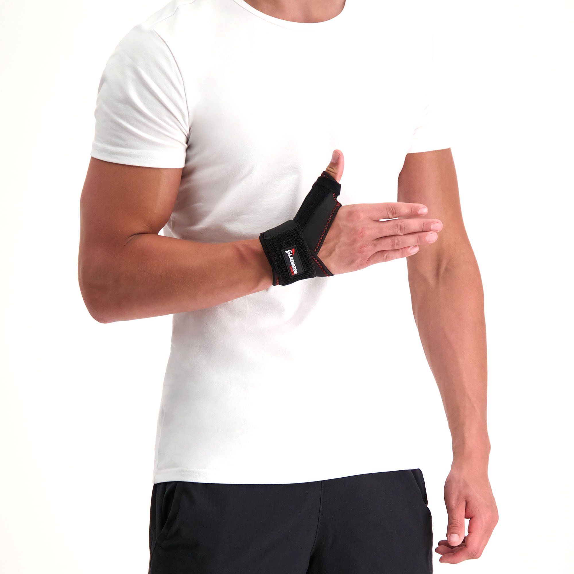 Model wearing the Gladiator Sports Thumb / Wrist Support on the right hand