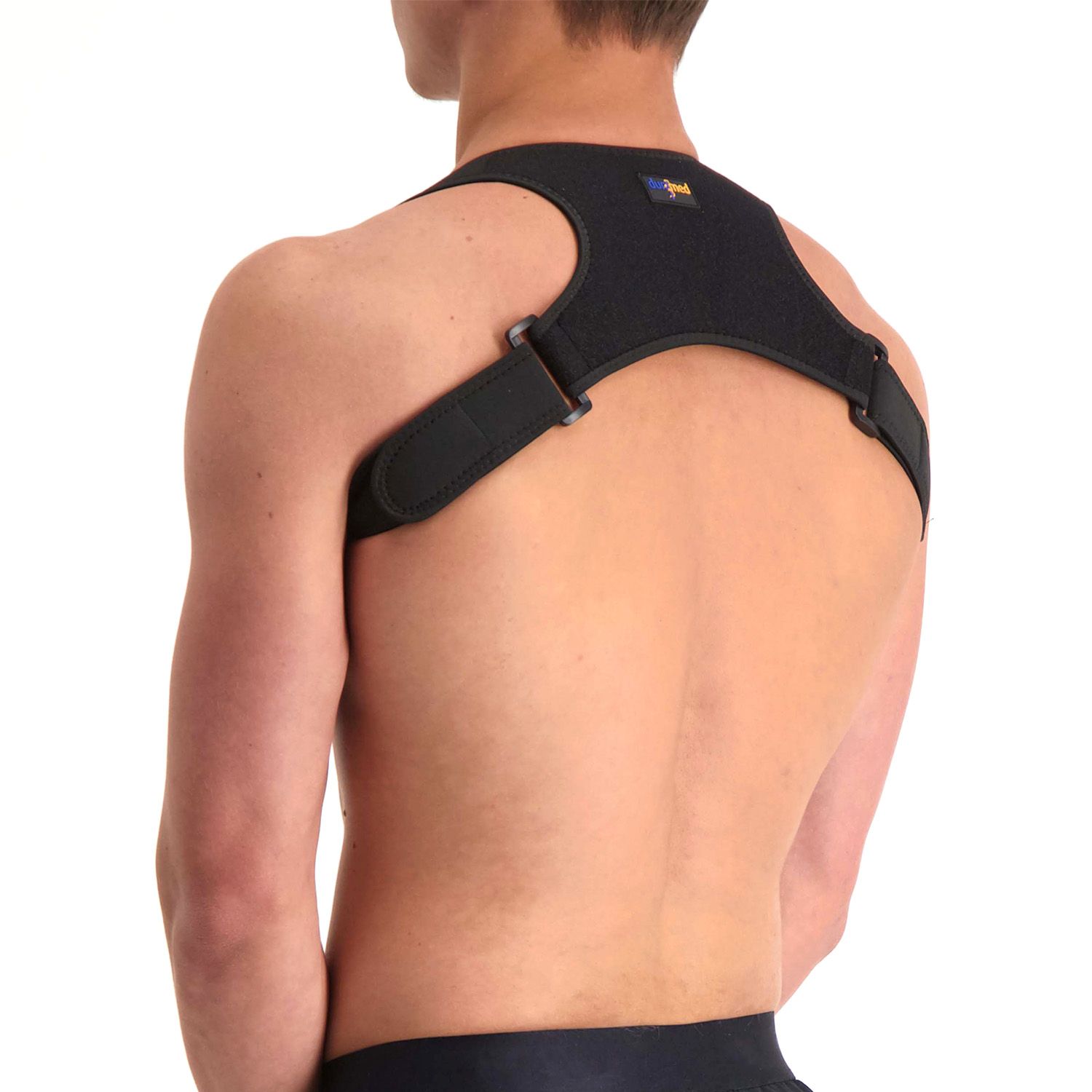 Left side view of model wearing the Dunimed Ventilating Posture Corrector in Black