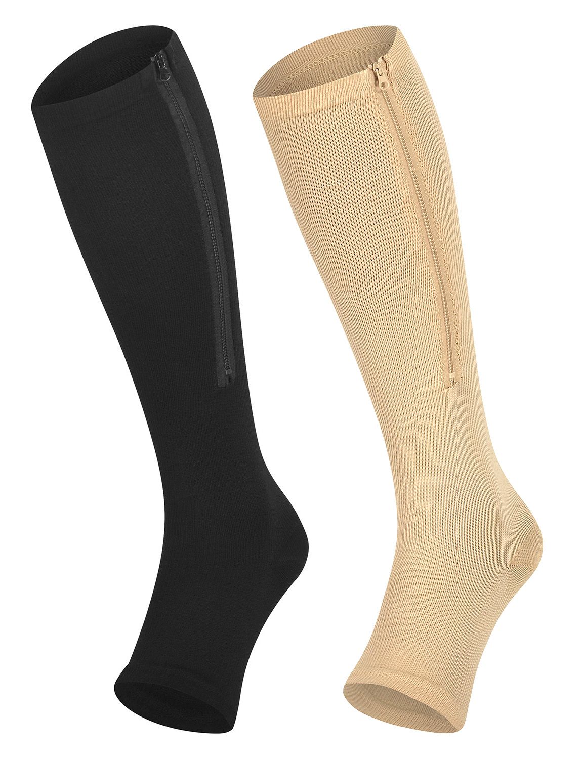 Stützstrümpfe mit Reißverschluss offene Fußspitze schwarz und beige