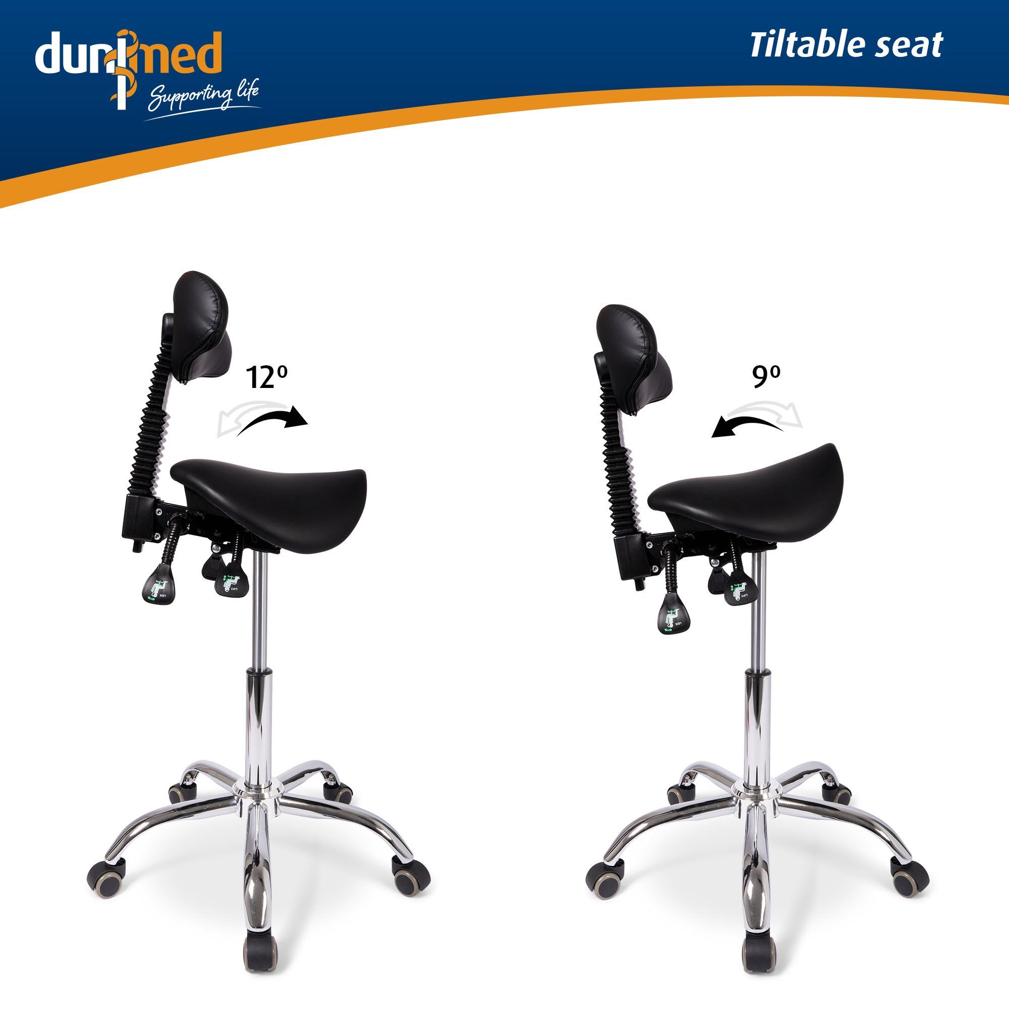 Erläuterung der kippbaren Sitzfläche des Dunimed Ergonomischer Sattelhocker mit Rückenlehne und kippbarem Sitz