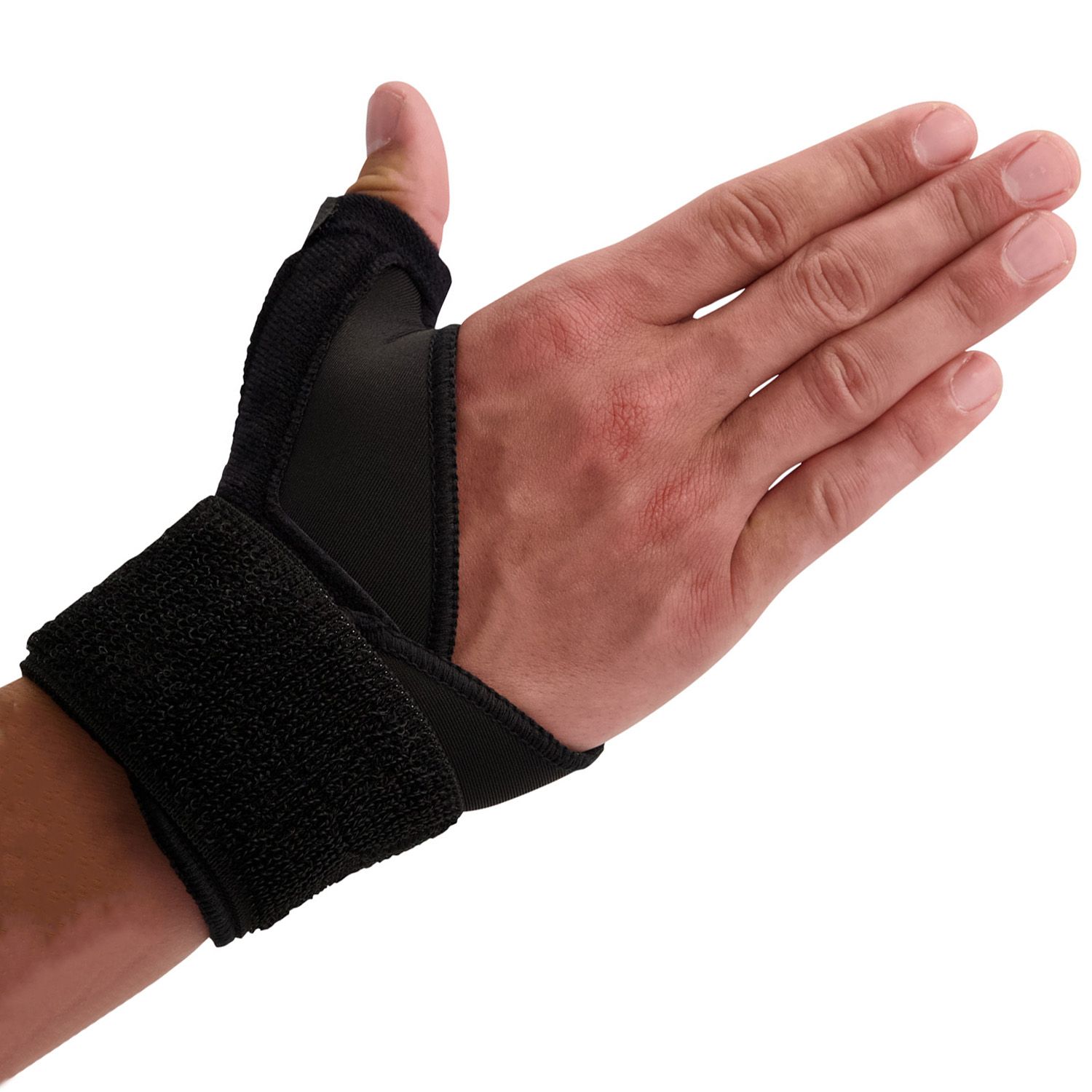 Dunimed Daumenbandage / Handgelenkbandage Schwarz an der rechten Hand getragen