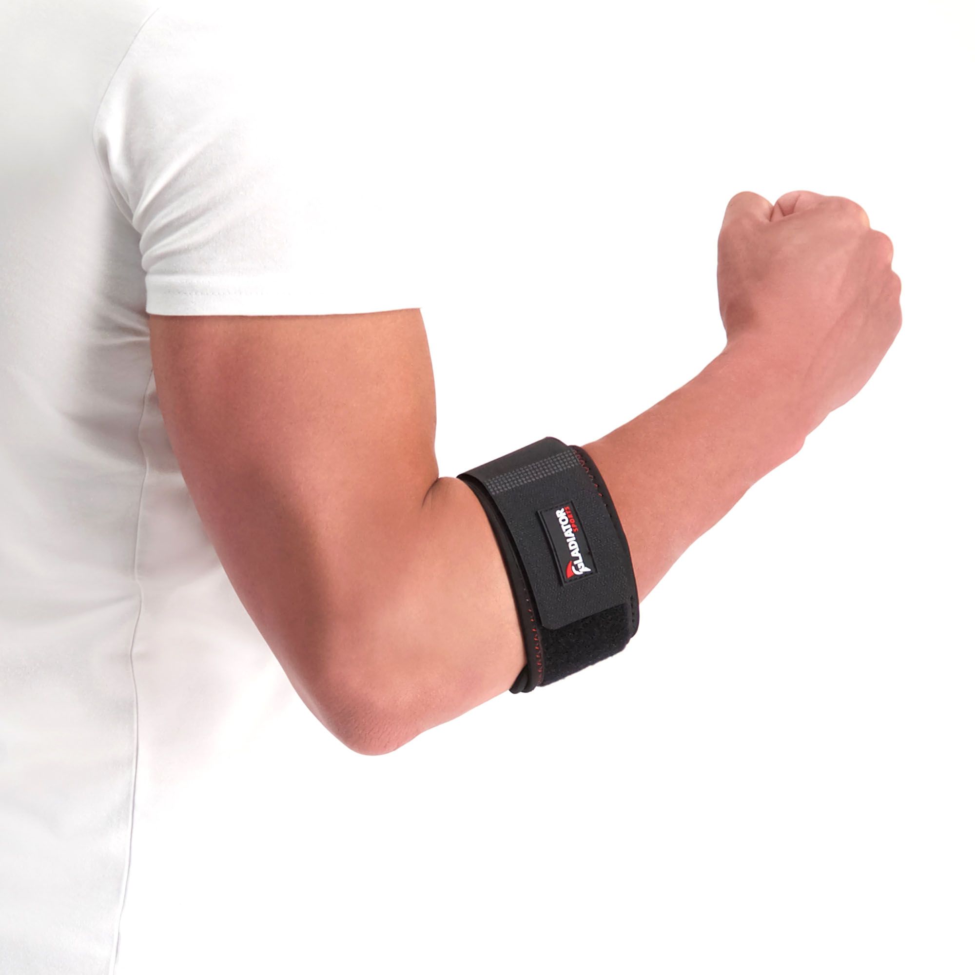 Model wearing the Gladiator Sports Tennis Elbow Strap while clenching his fist