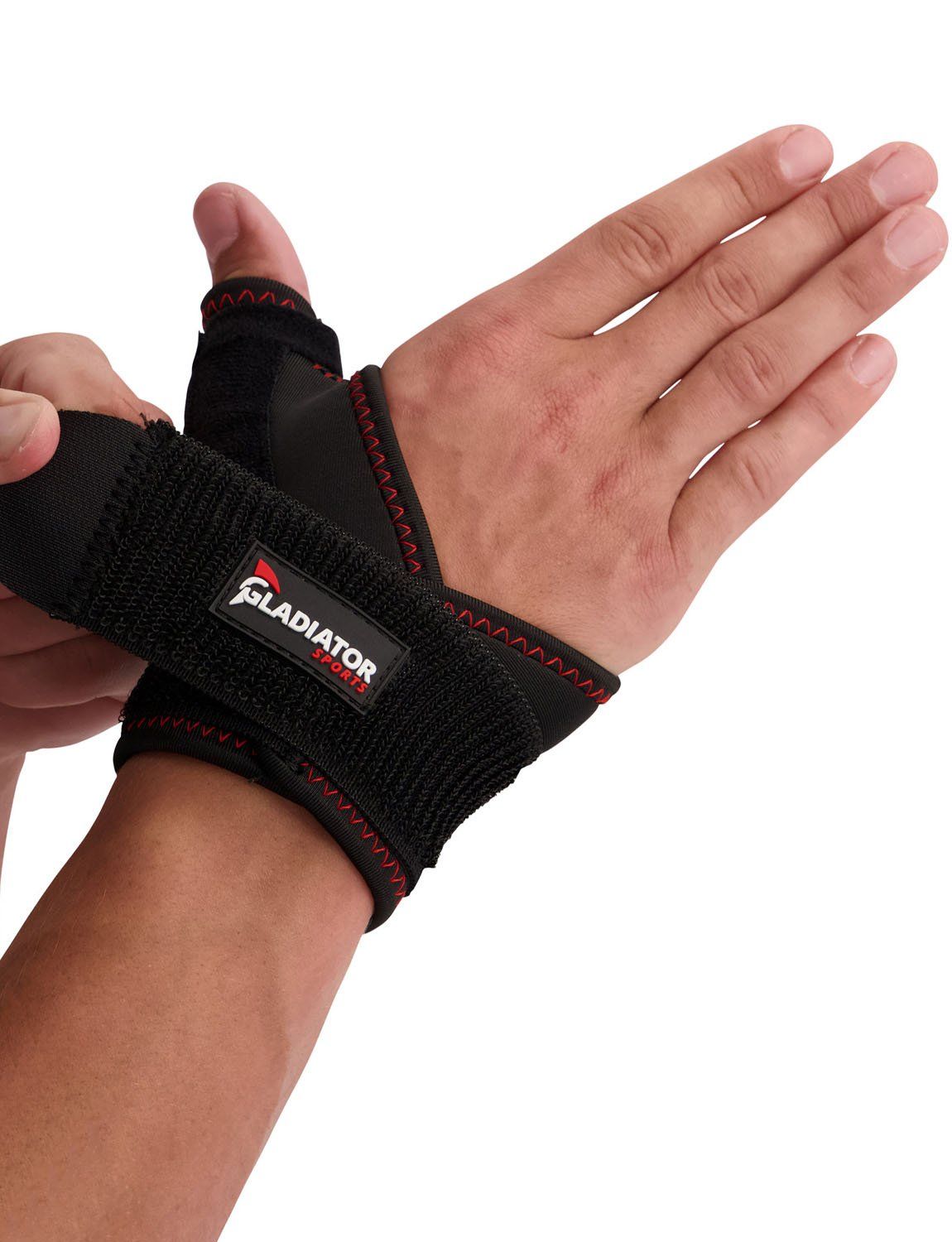 Gladiator Sports Handgelenk-/ Daumenbandage um das rechte Handgelenk und Daumen getragen