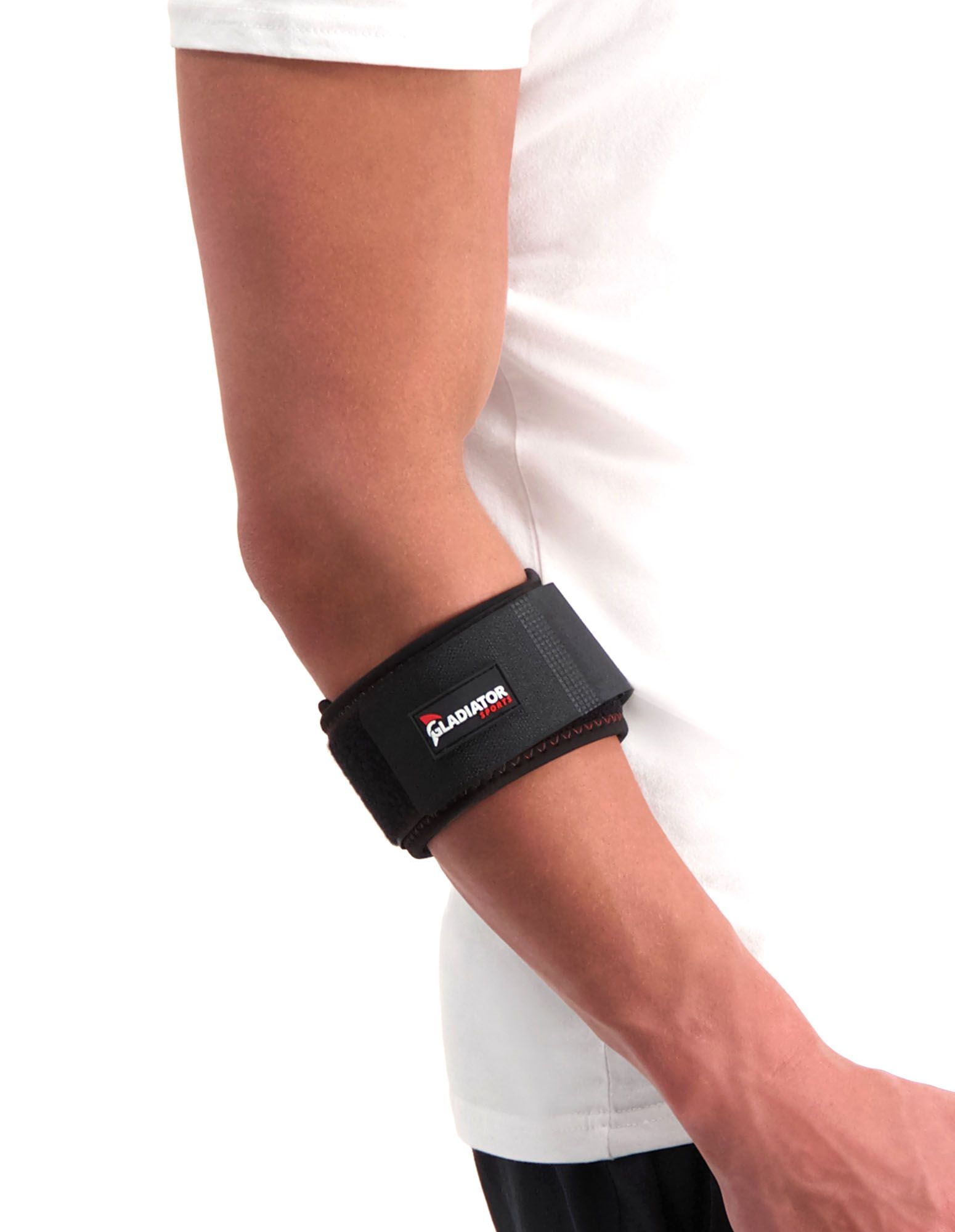 Model wearing the Gladiator Sports Tennis Elbow Strap around the right lower arm