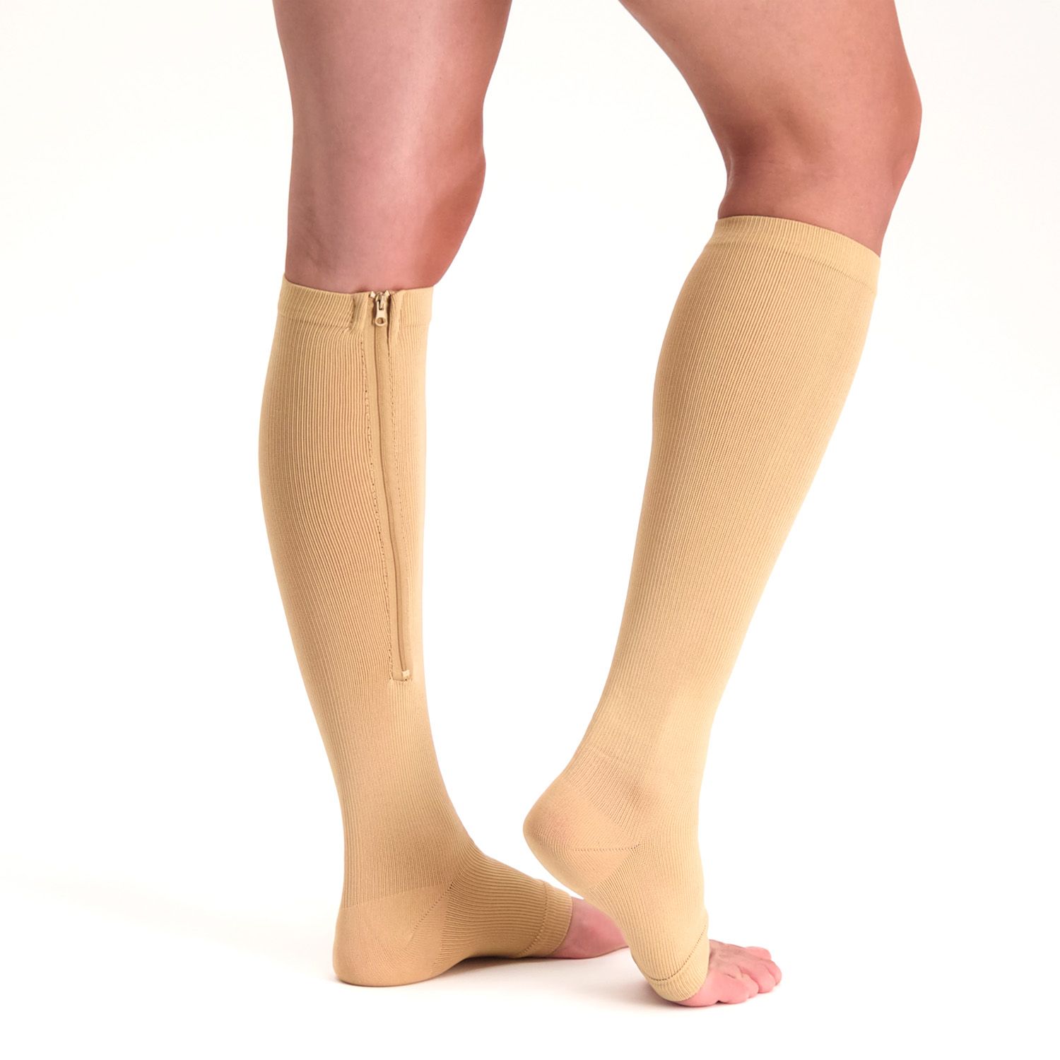 Stützstrümpfe mit Reißverschluss offene Fußspitze beige getragen Rückansicht
