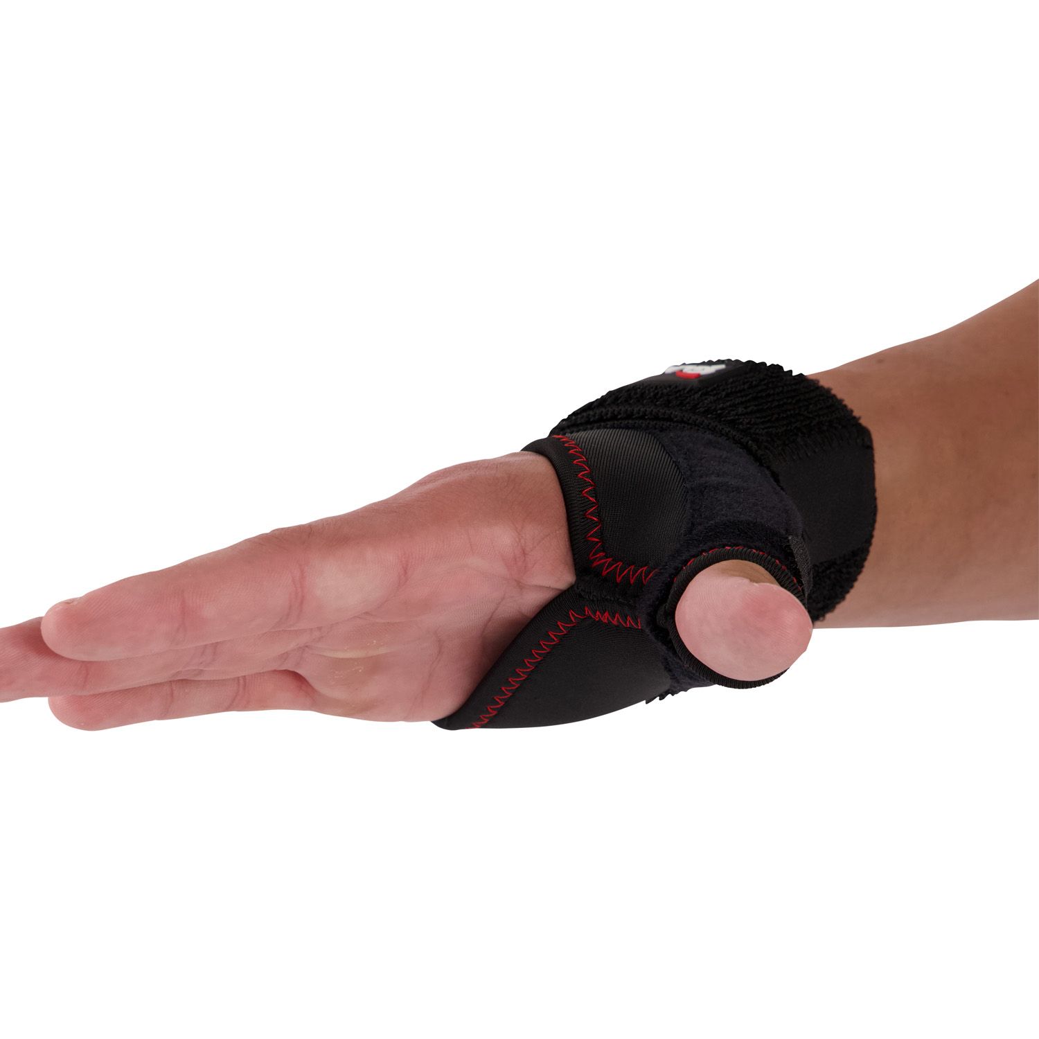 Gladiator Sports Thumb / Wrist Support worn with the hand stretched out