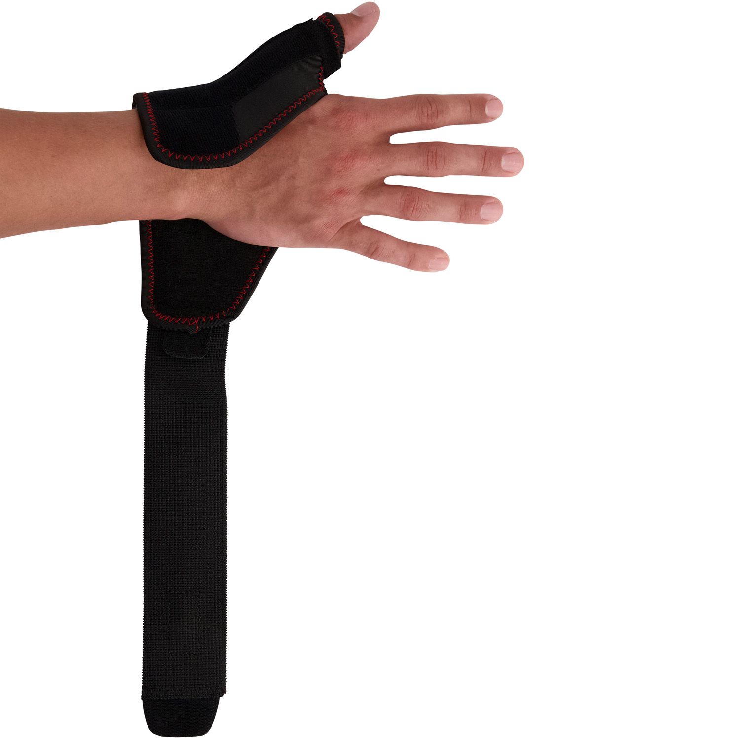 Gladiator Sports Thumb / Wrist Support unwrapped worn around the right thumb