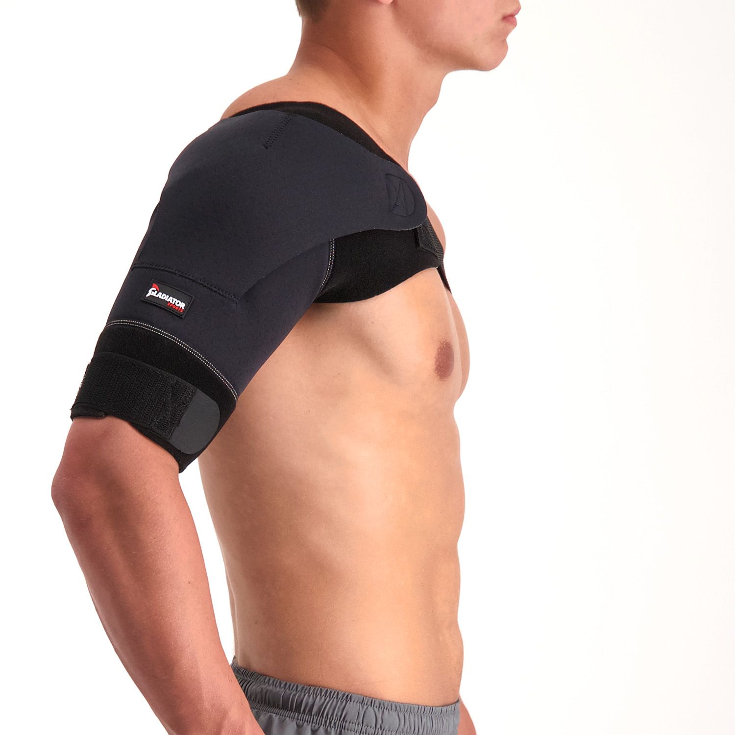 Side view of model wearing the Gladiator Sports Premium Lightweight Shoulder Support