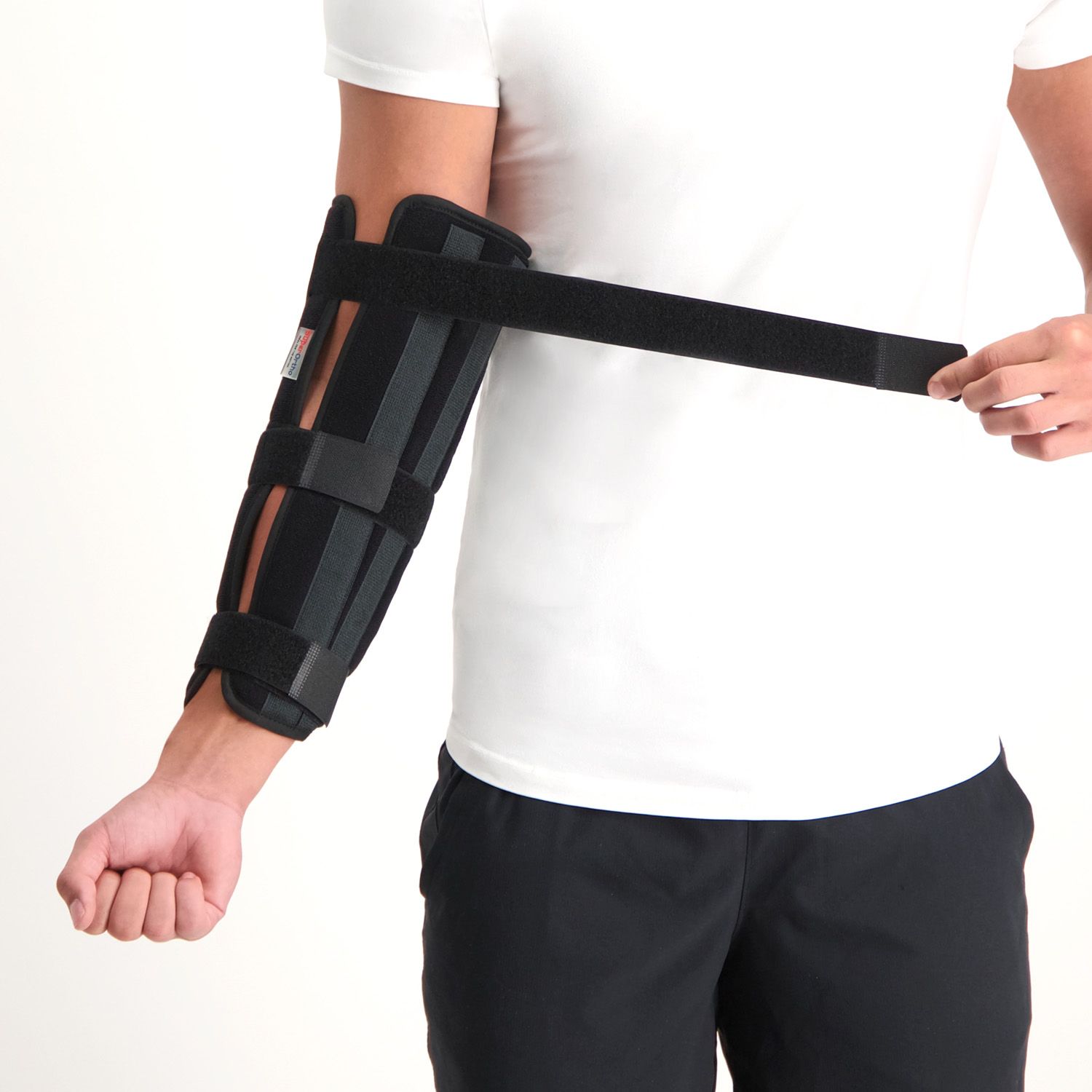 Front view of model strapping the Super Ortho Elbow / Lower Arm Splint