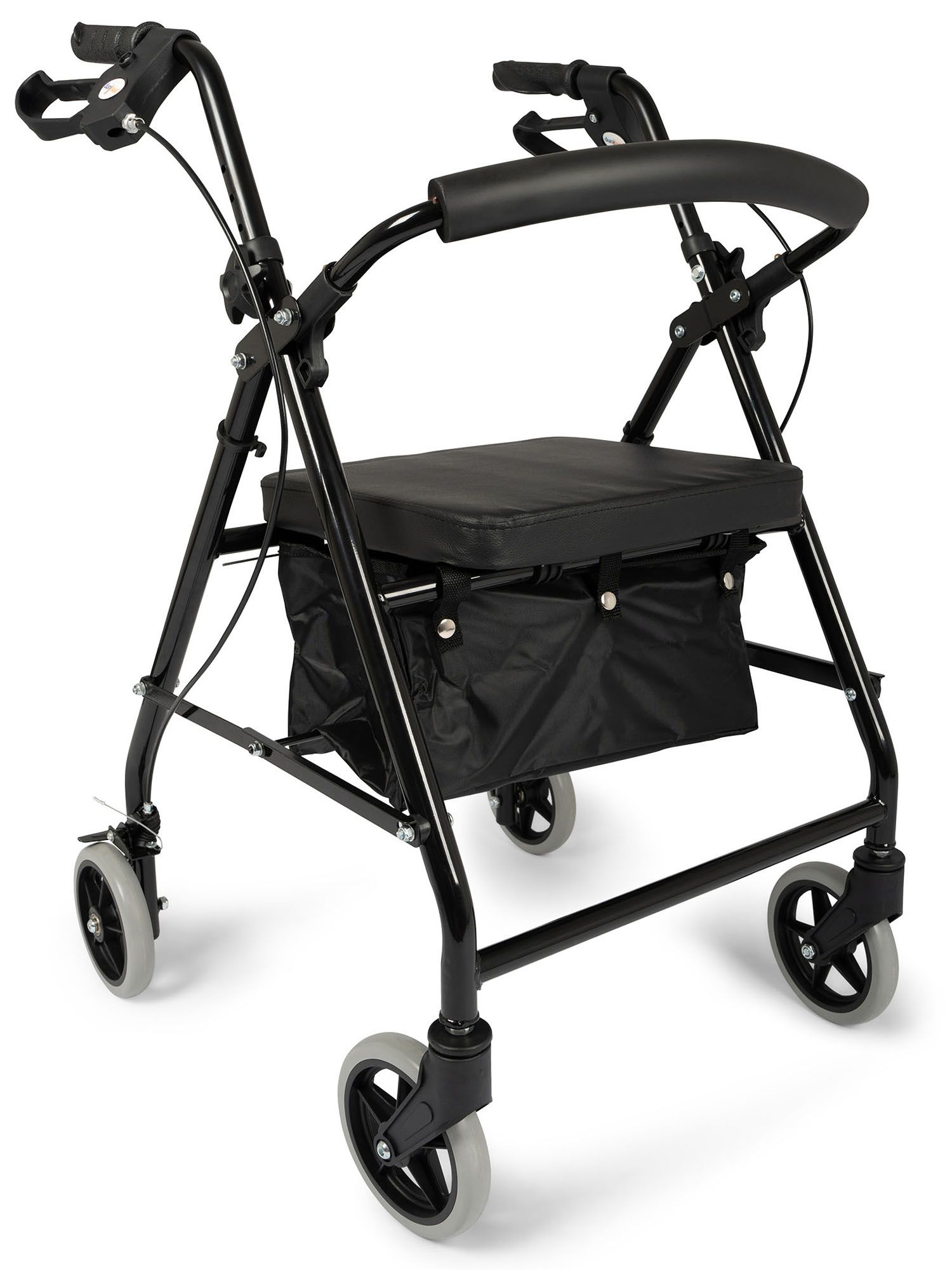 Schrägansicht des Dunimed Leichter Rollator (faltbar) Schwarz