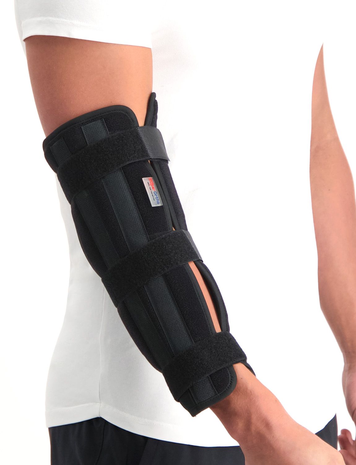 Right side view of model wearing the Super Ortho Elbow / Lower Arm Splint