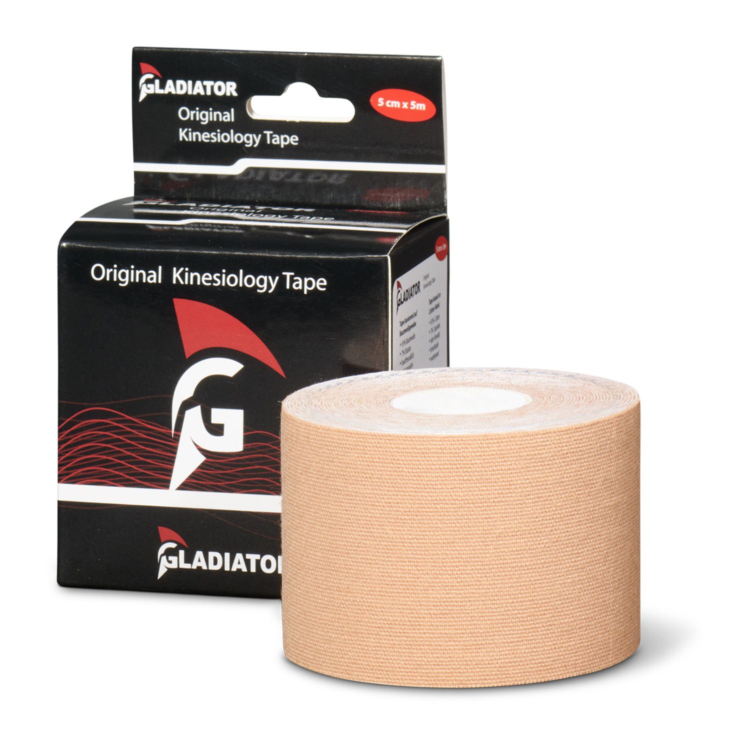gladiator sports kinesiology tape per roll beige roll showing in the front with the box packaging behind it