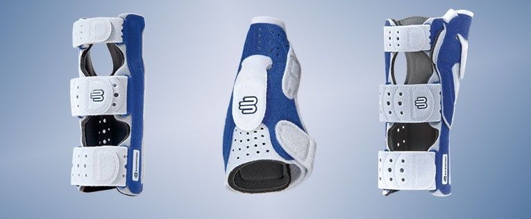 Oberteils, Unteransicht und Seitenansicht der Bauerfeind Manuloc Handgelenkorthese ungetragen