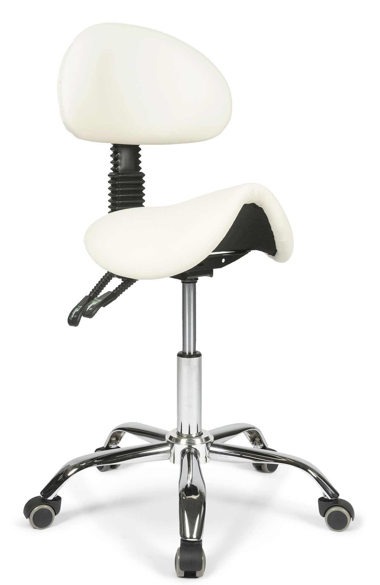 Front side view of the Dunimed - Ergonomic Saddle Stool with Backrest - White