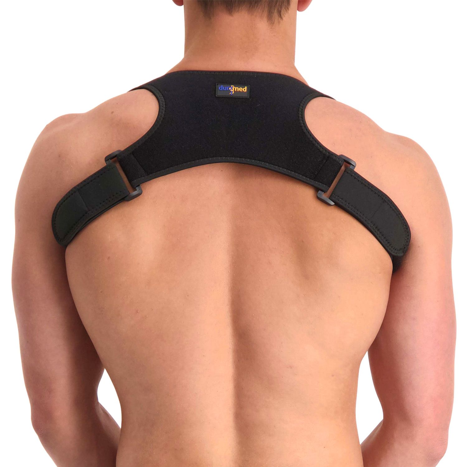 Back view of model wearing the Dunimed Ventilating Posture Corrector in Black
