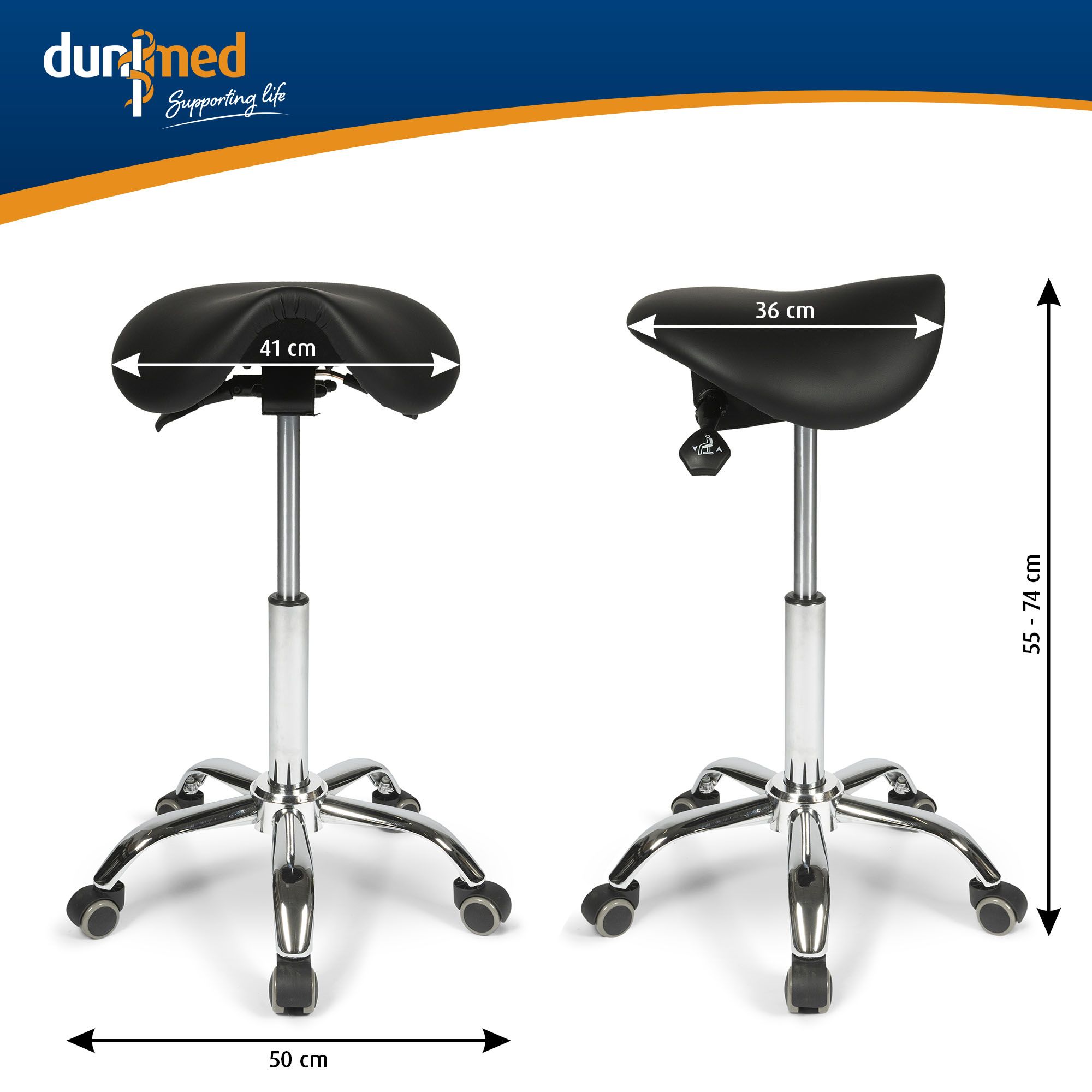Dimensions of the Dunimed Ergonomic Saddle Stool with Tiltable Seat (High Version)