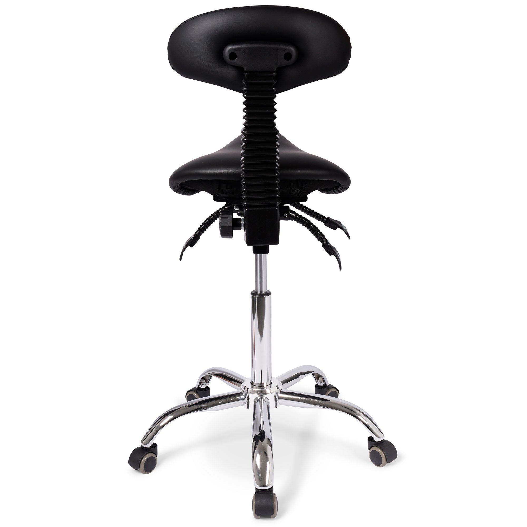 Rückansicht des dunimed Ergonomischer Sattelhocker mit Rückenlehne und kippbarem Sitz