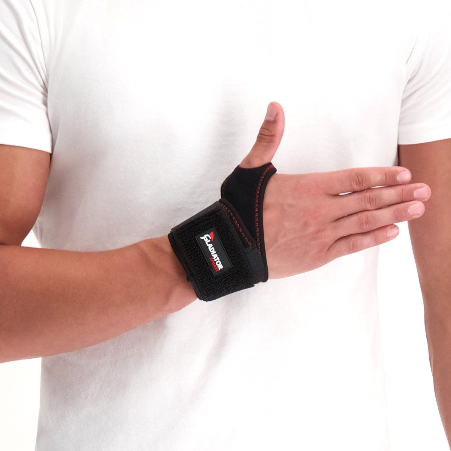 Model wearing the Gladiator Sports Wrist Support around the right wrist