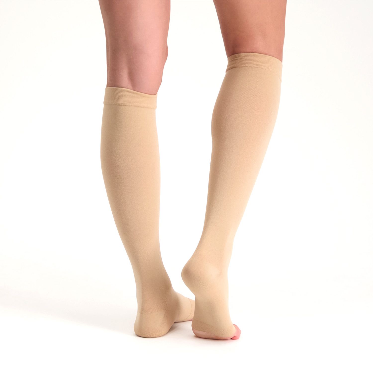 Back view of model wearing the Dunimed Premium Comfort Compression Stockings Pressure Class 3 - Open Toe
