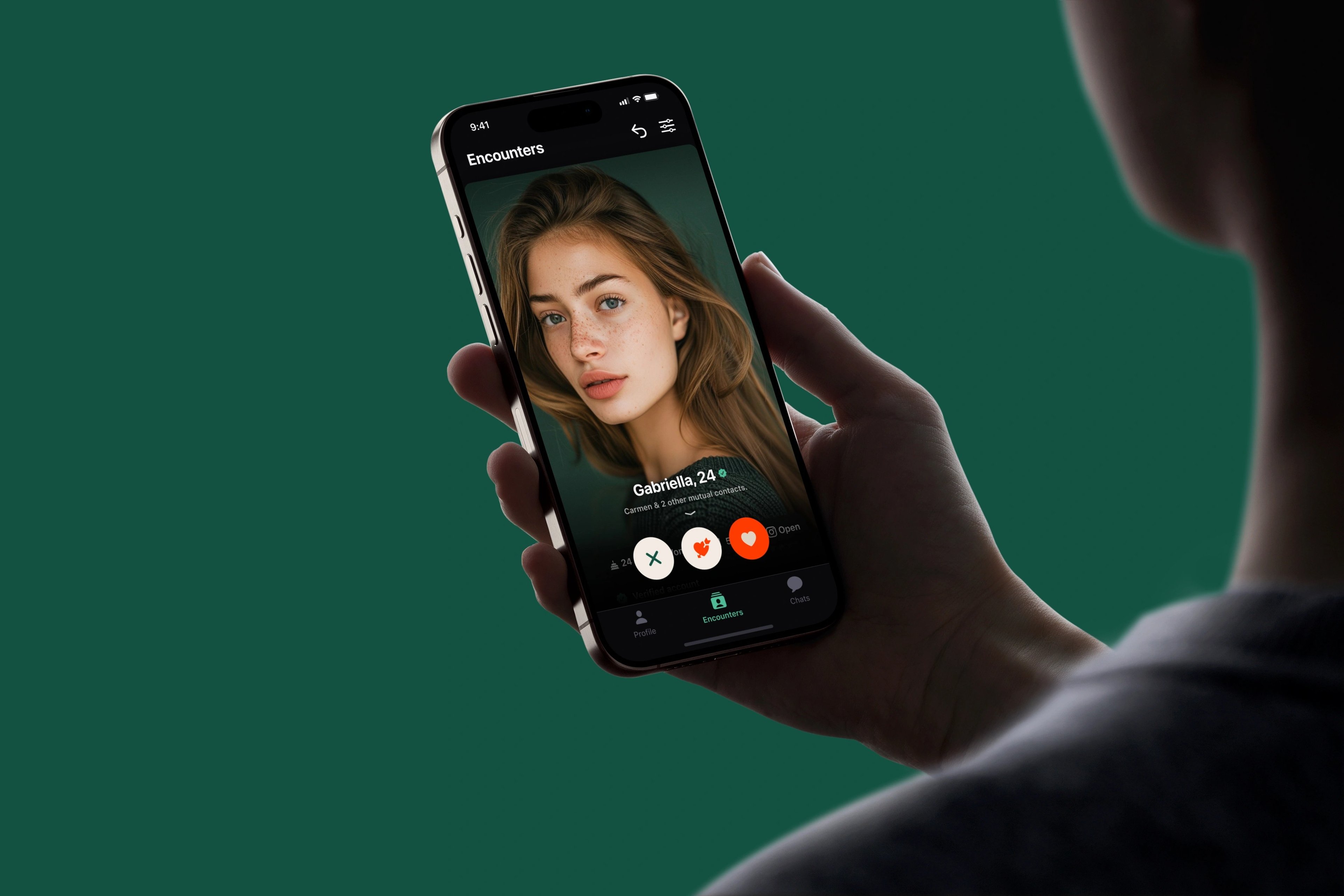 Woman holds the phone with the Time & Place app opened. Encounters tab is open.