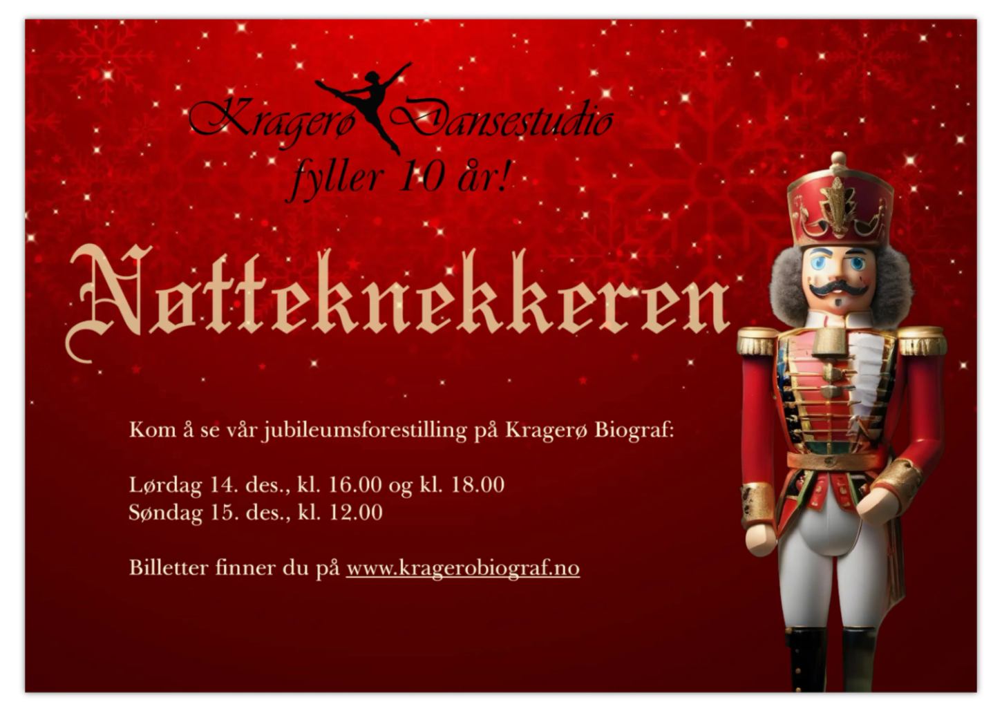 Plakat med nøtteknekkerfigur og forestillingstider