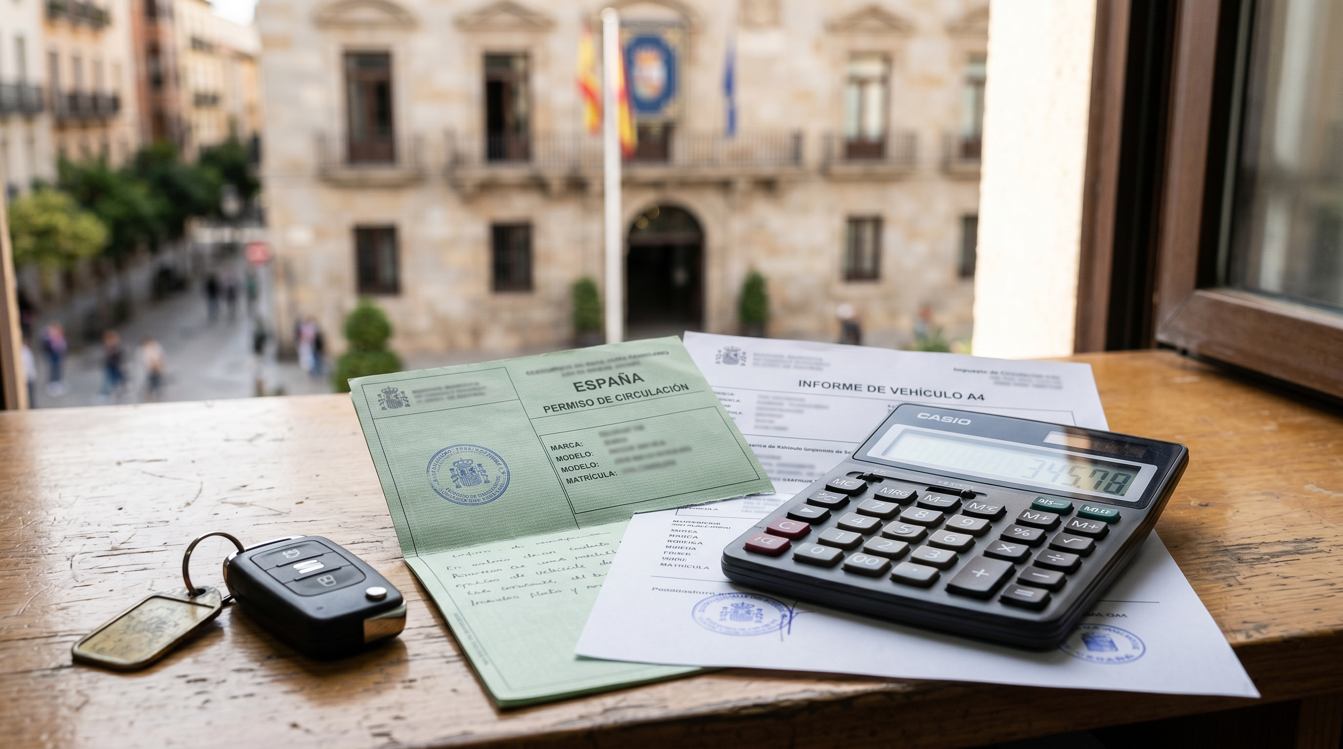Impuesto de circulación de un coche con documentos y calculadora