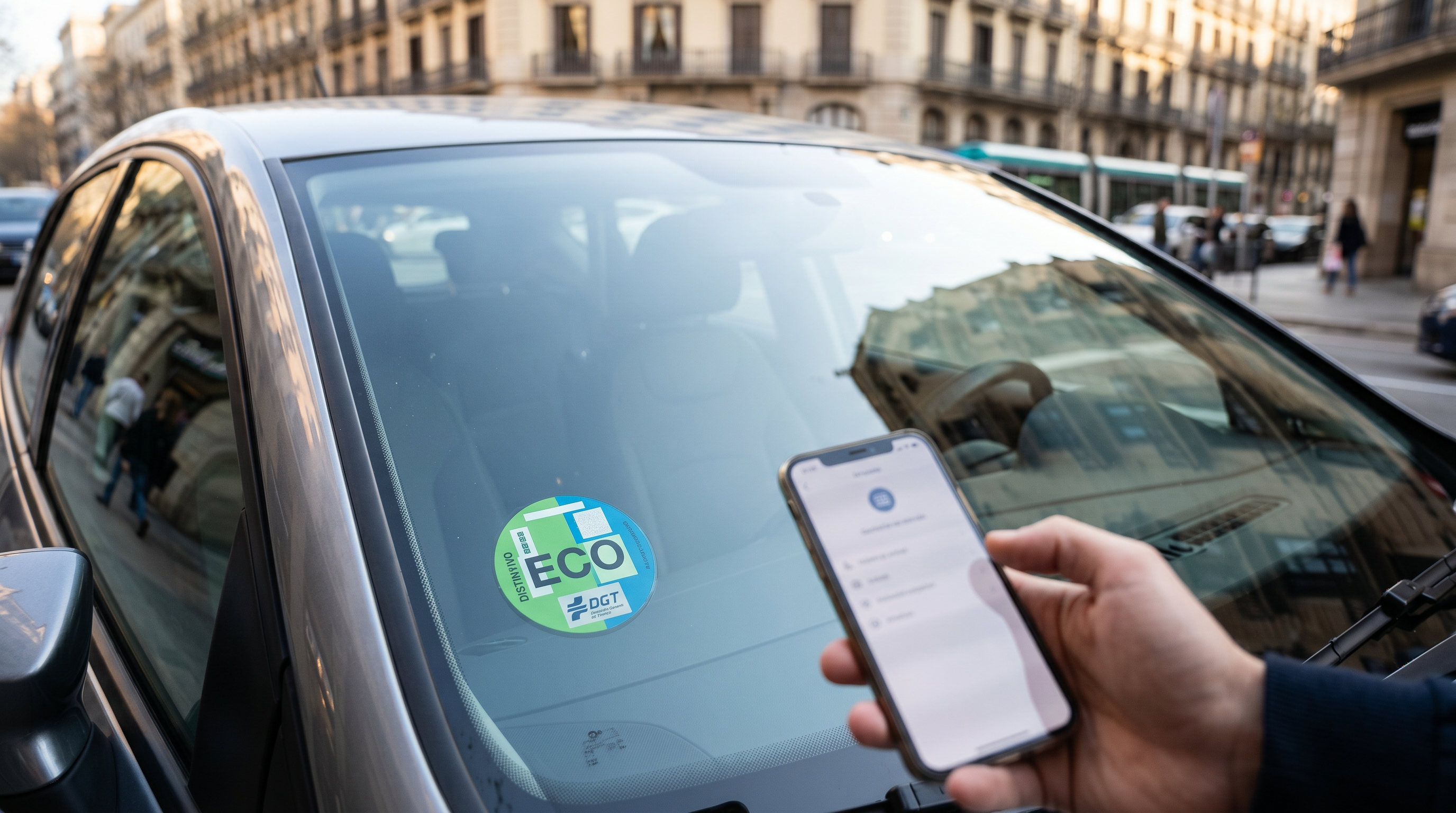 Detalle de etiqueta ECO en un coche usado