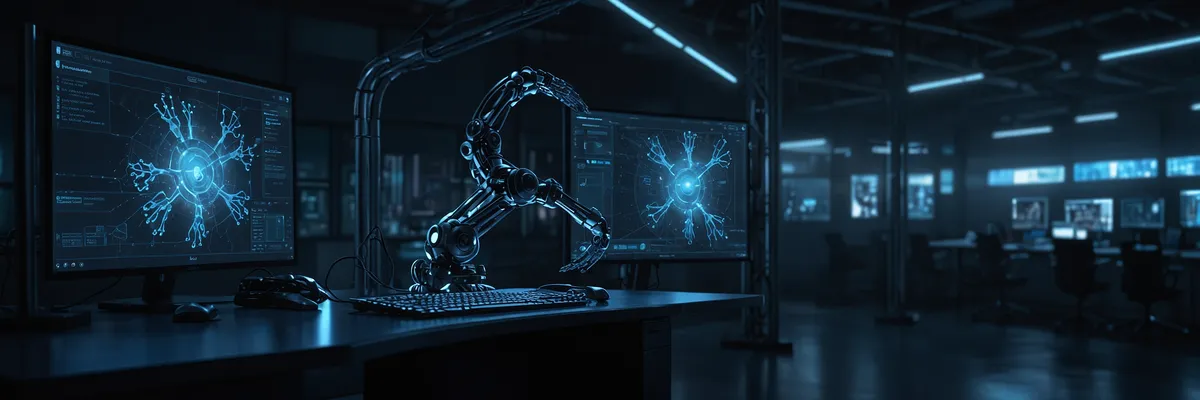 Futurystyczne stanowisko automatyzacji z robotycznym ramieniem obsługującym workflow n8n na monitorach