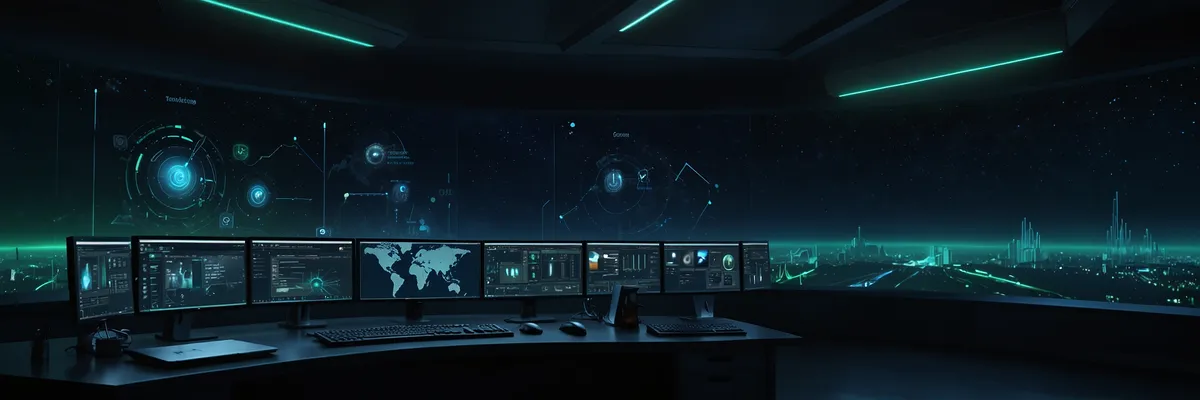 Futurystyczne centrum dowodzenia marketing automation z wieloma monitorami