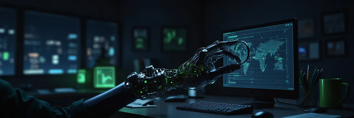 Robotyczne ramię ze szkłem powiększającym skanujące stronę podczas audytu SEO