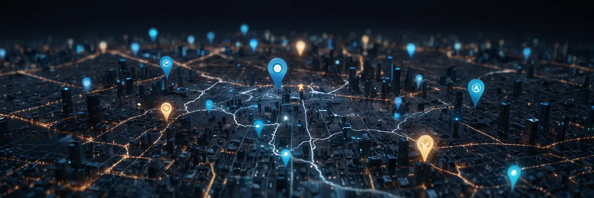 Holograficzna mapa miasta z pinezkami lokalizacji Google Moja Firma