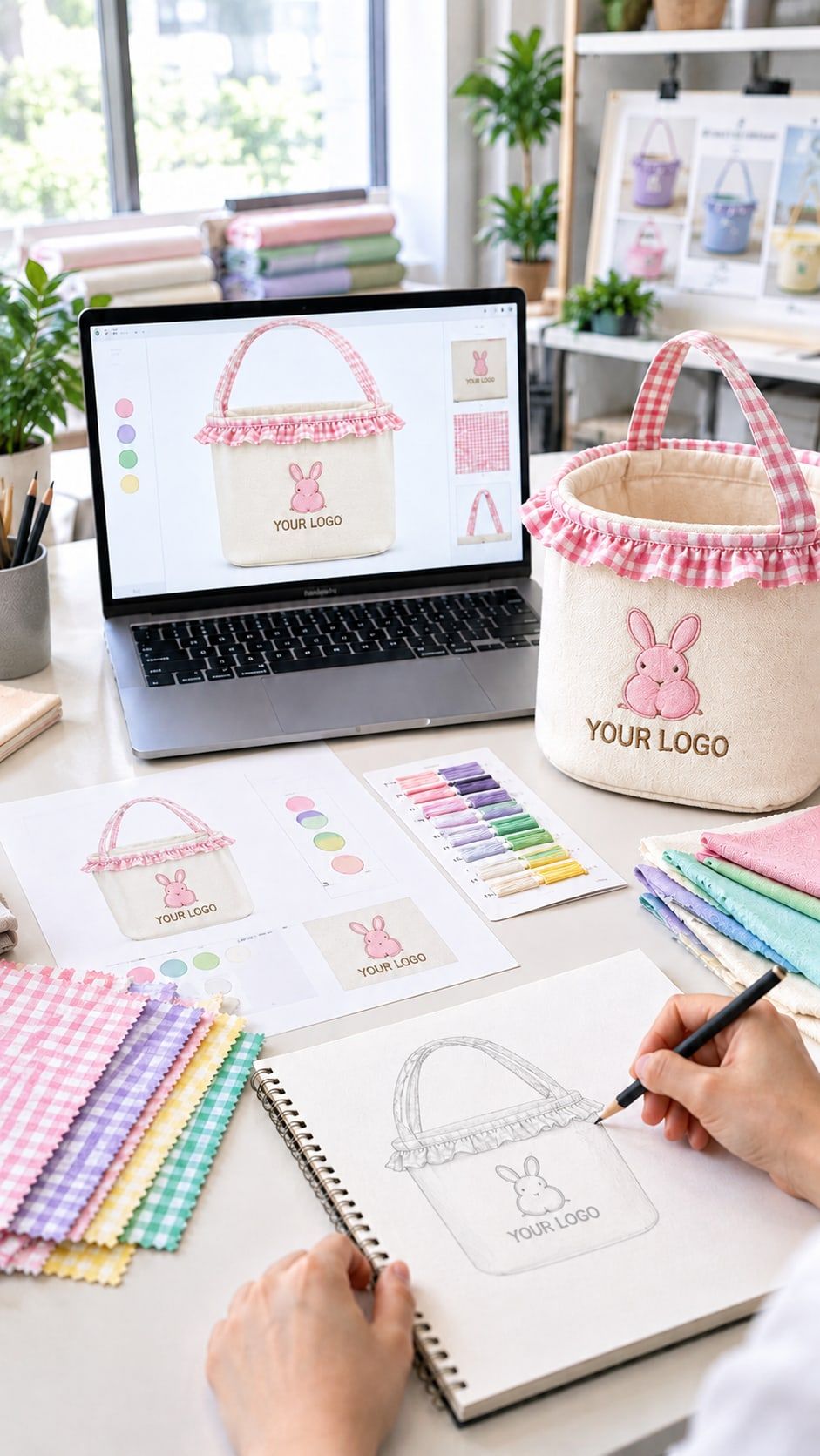 Custom Easter basket design concept showing logo placement, gingham trim and fabric choices